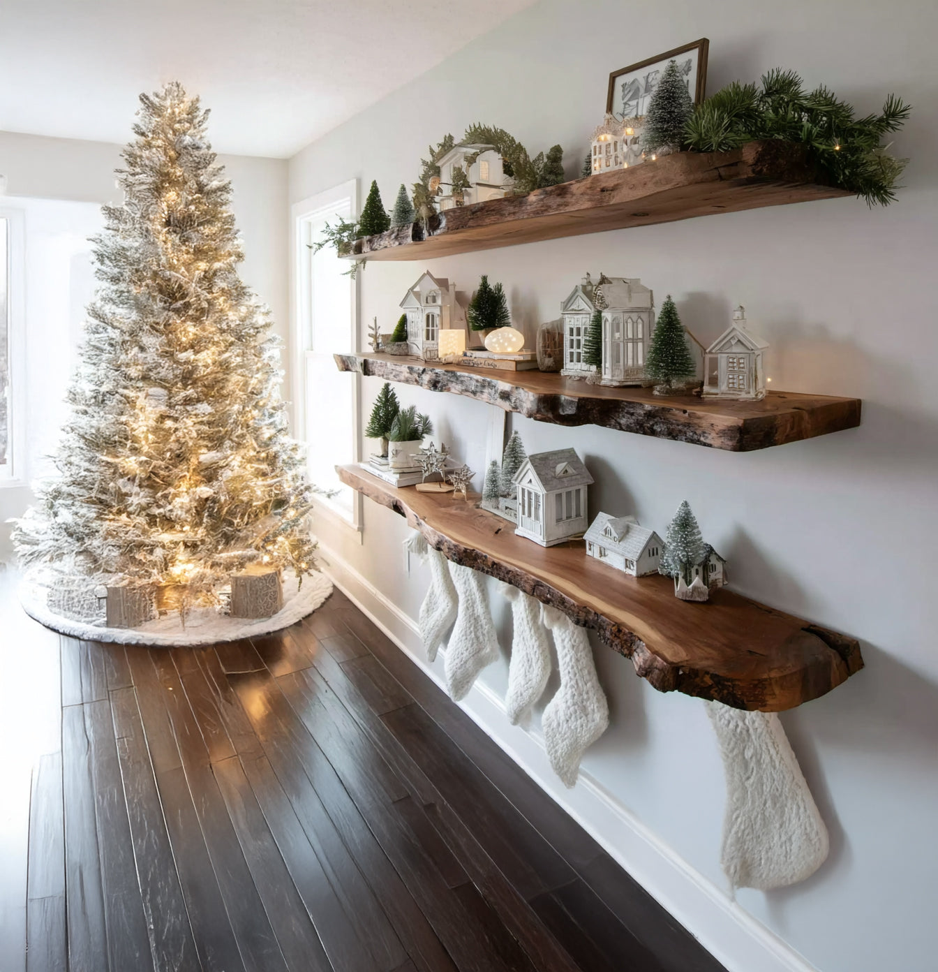 Weihnachts-Schweberegal mit Baumkante – Rustikale Wanddekoration aus Massivholz