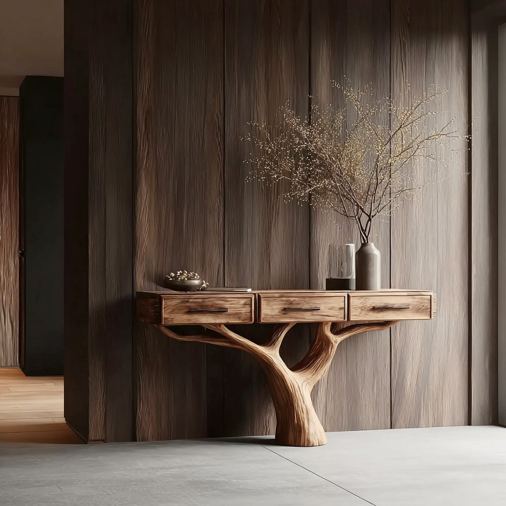 Handgefertigter Naturholz-Konsolentisch mit Baum-inspirierter Basis – Luxus für Diele
