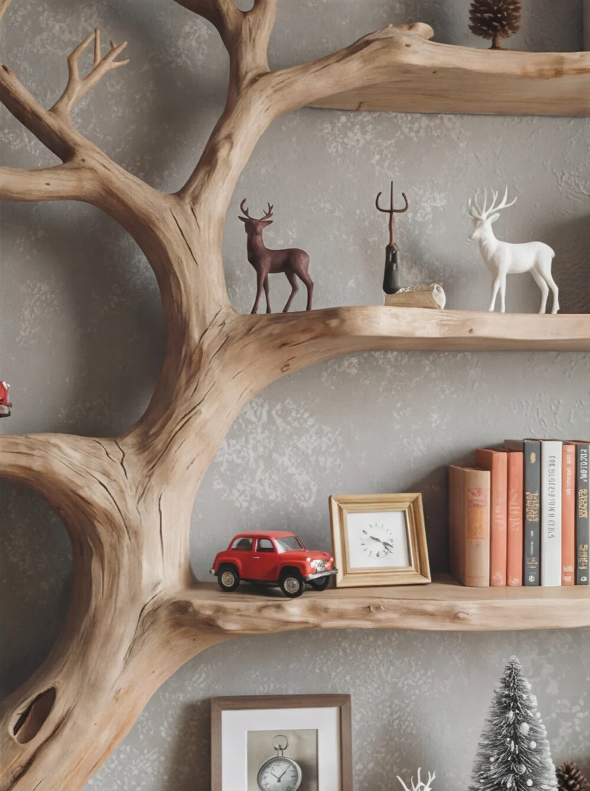Baumförmiges Holz-Bücherregal mit Büchern, dekorativem Hirsch, rotem Spielzeugauto und gerahmter Uhr an grauer Wand.