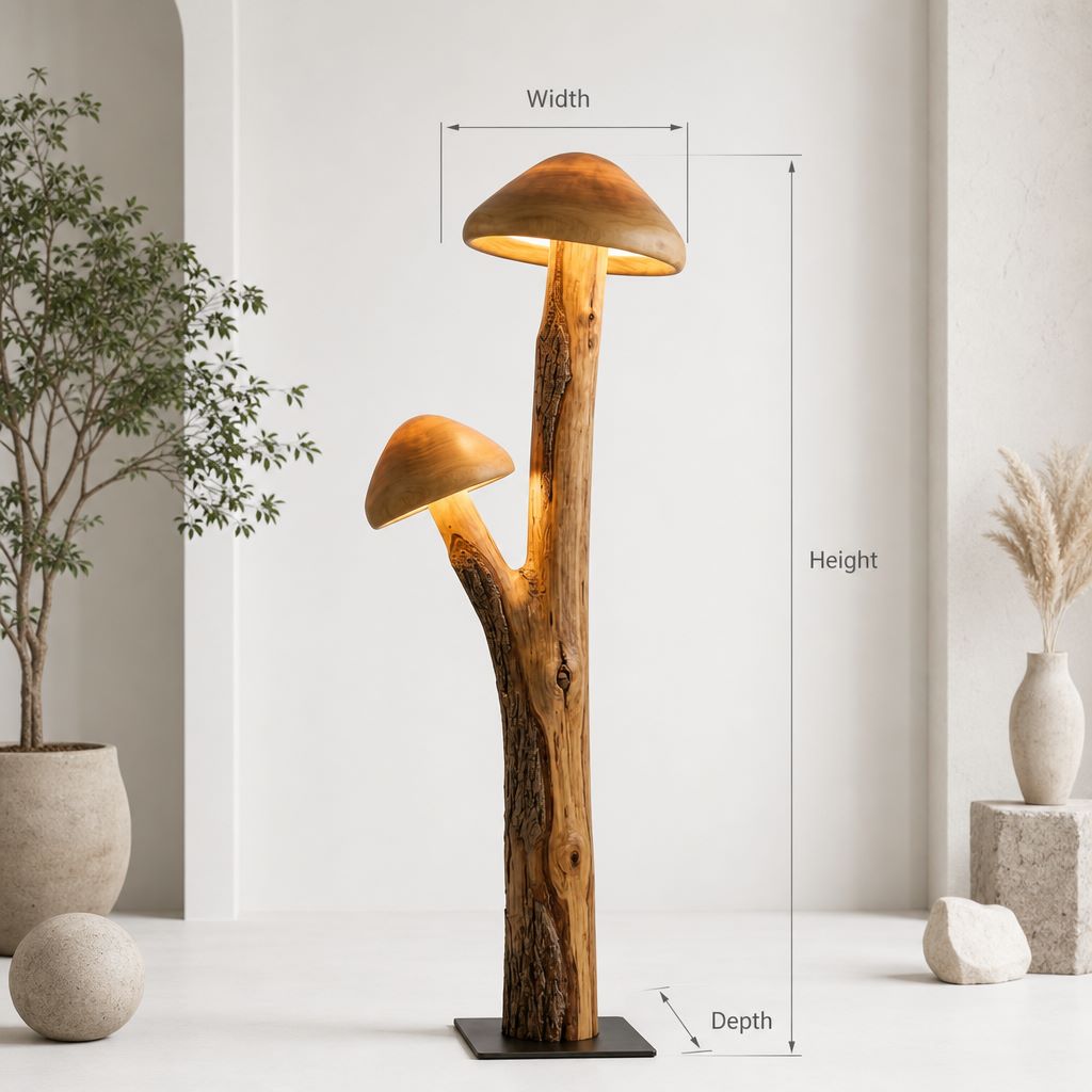 Doppelte transluzente Pilz-Stehlampe mit Rindenstamm