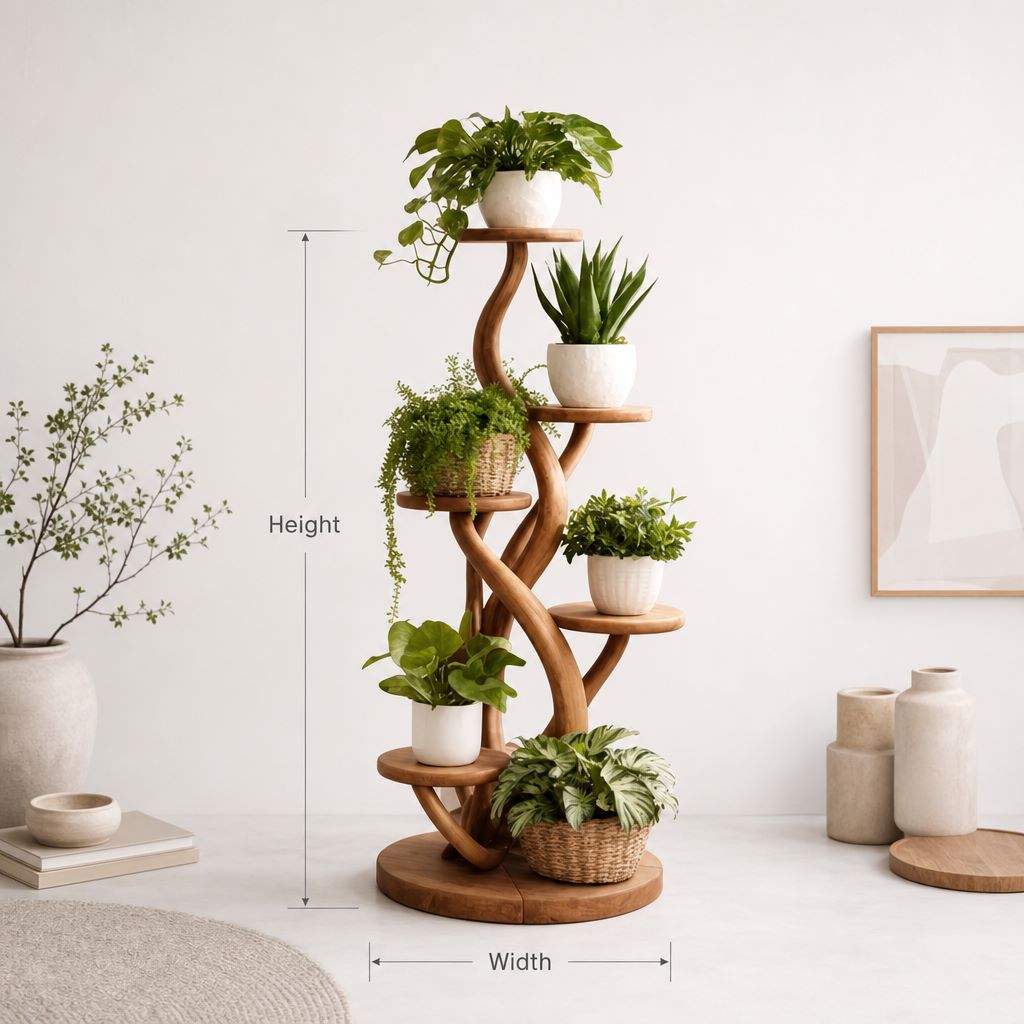 Handgefertigter Spiral-Pflanzenständer in Baumform