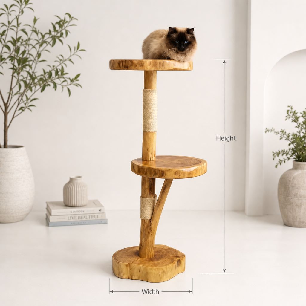 Kratzbaum aus Naturholz mit einer flauschigen Katze oben.