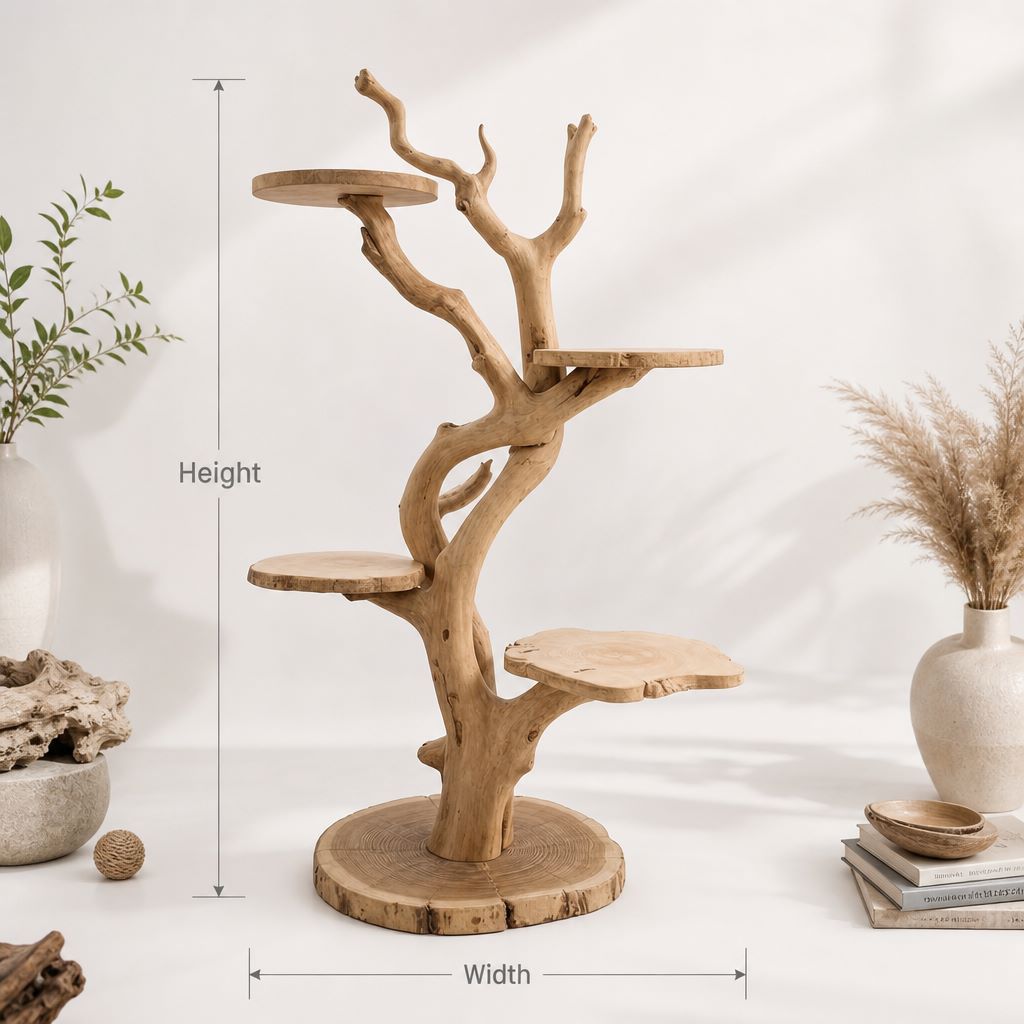 Treibholz-Kratzbaum mit unregelmäßigen Ablagen mit Rohkante und gespaltenem Fuß.