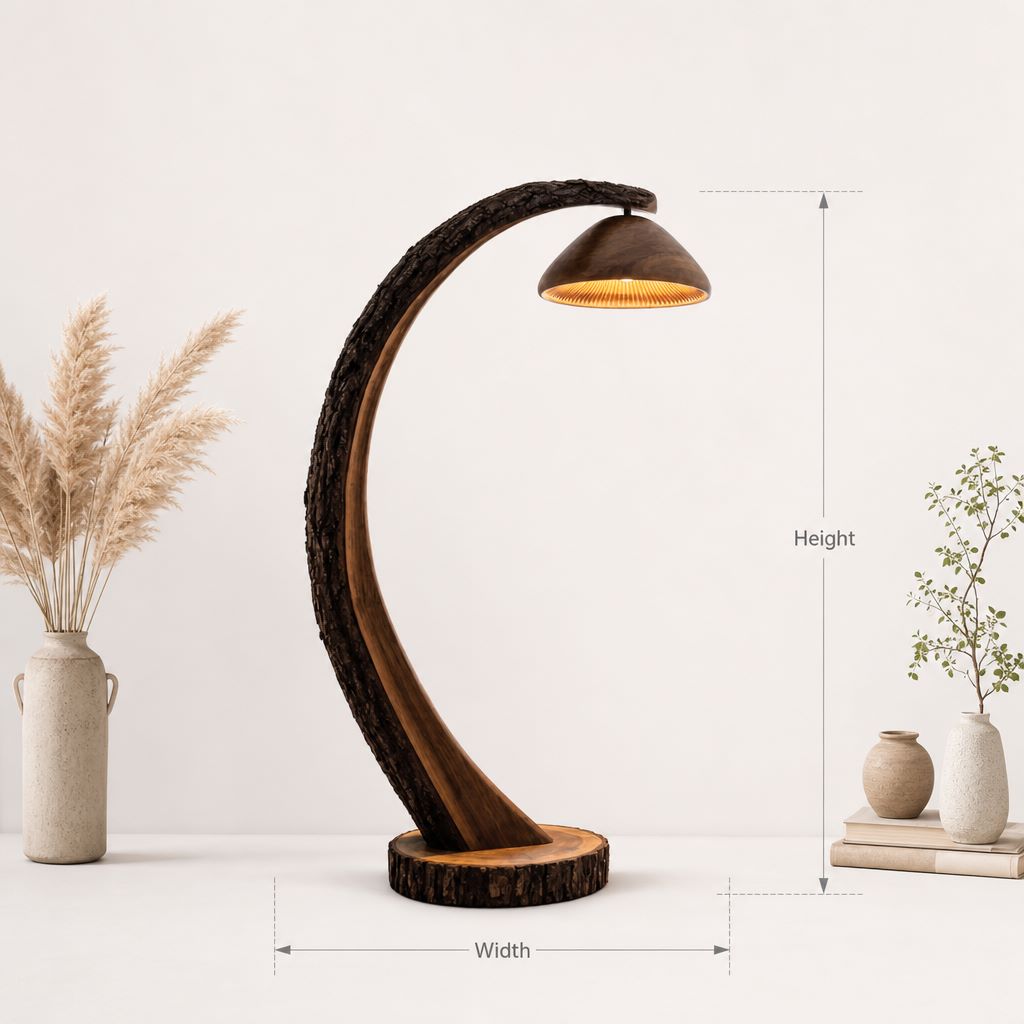 Pilz-Bogen-Stehlampe mit Rindenstamm und tiefem Glocken-Lamellenschirm