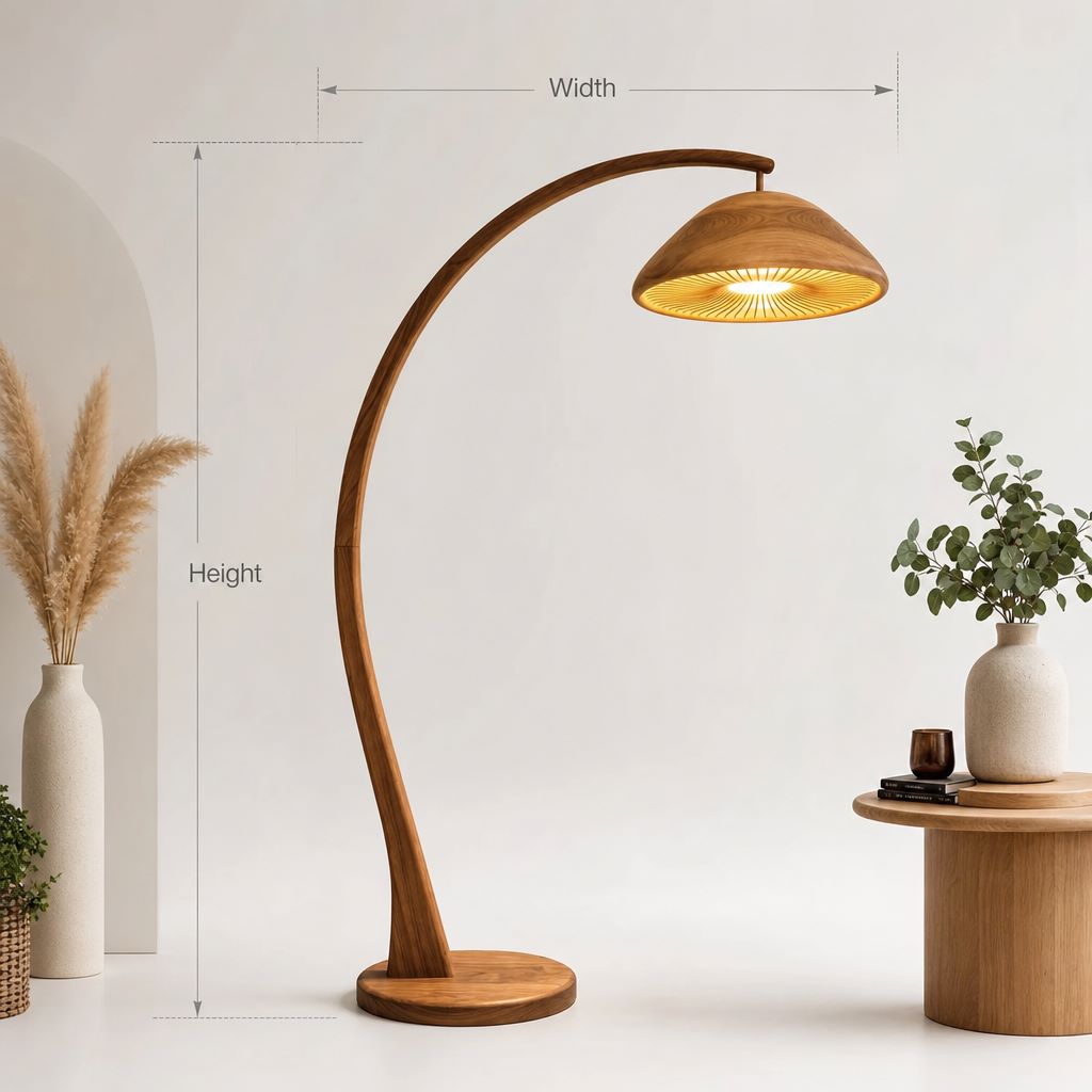 Bogen-Pilz-Stehlampe mit Lamellen-Schirmkuppel