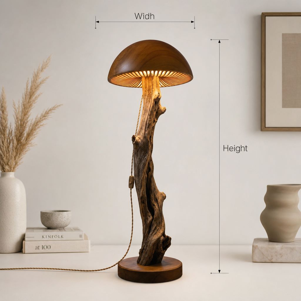 Pilz-Stehlampe mit Treibholzstiel und leuchtendem Lamellenhut