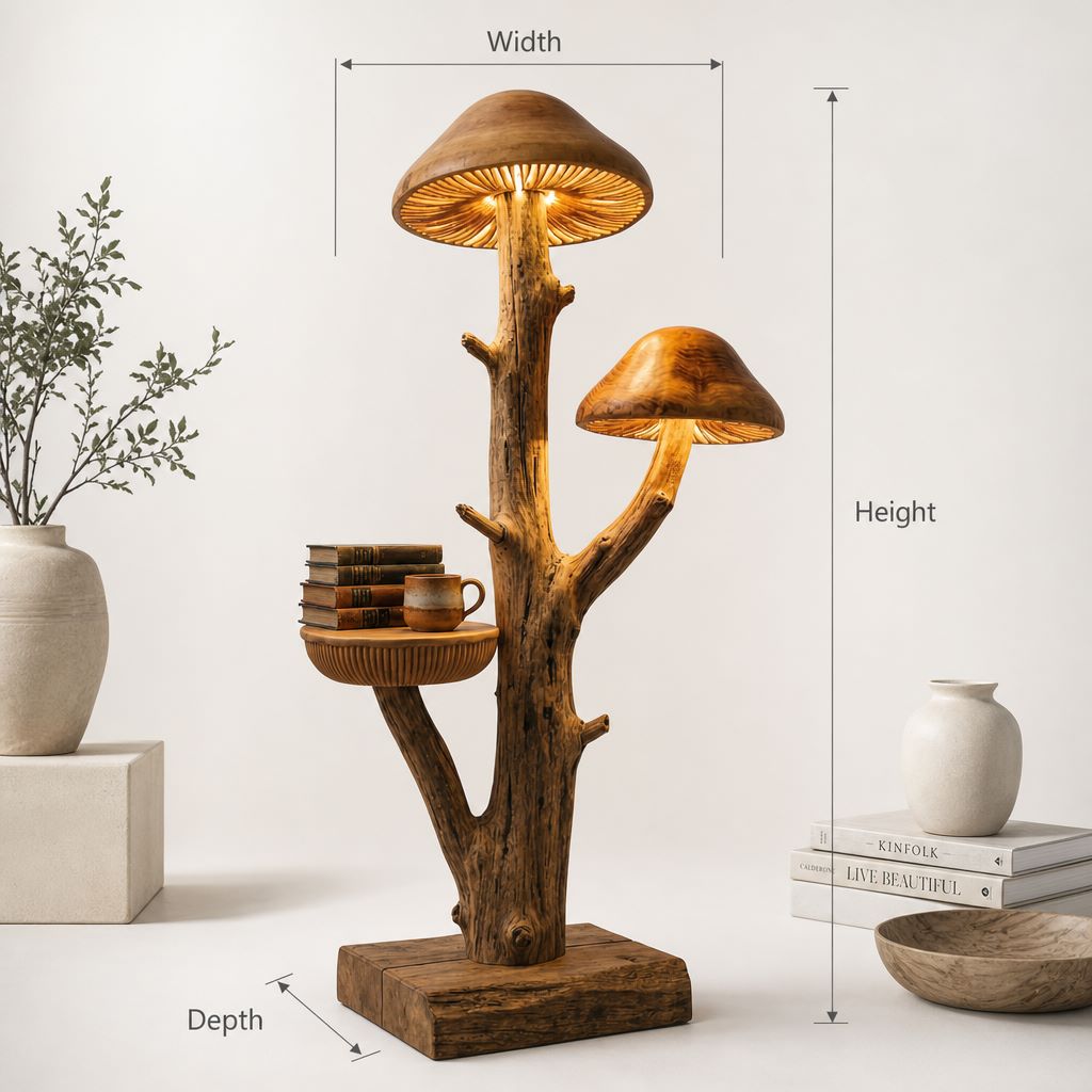 Baum-Pilz-Stehlampe mit Beistelltisch und doppeltem Lamellenleuchten