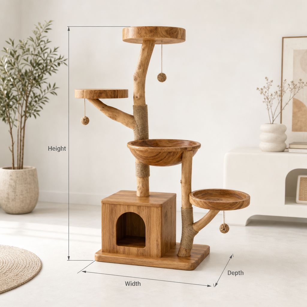Kratzbaum aus Massivholz mit Holzhöhle und hängenden Spielbällen
