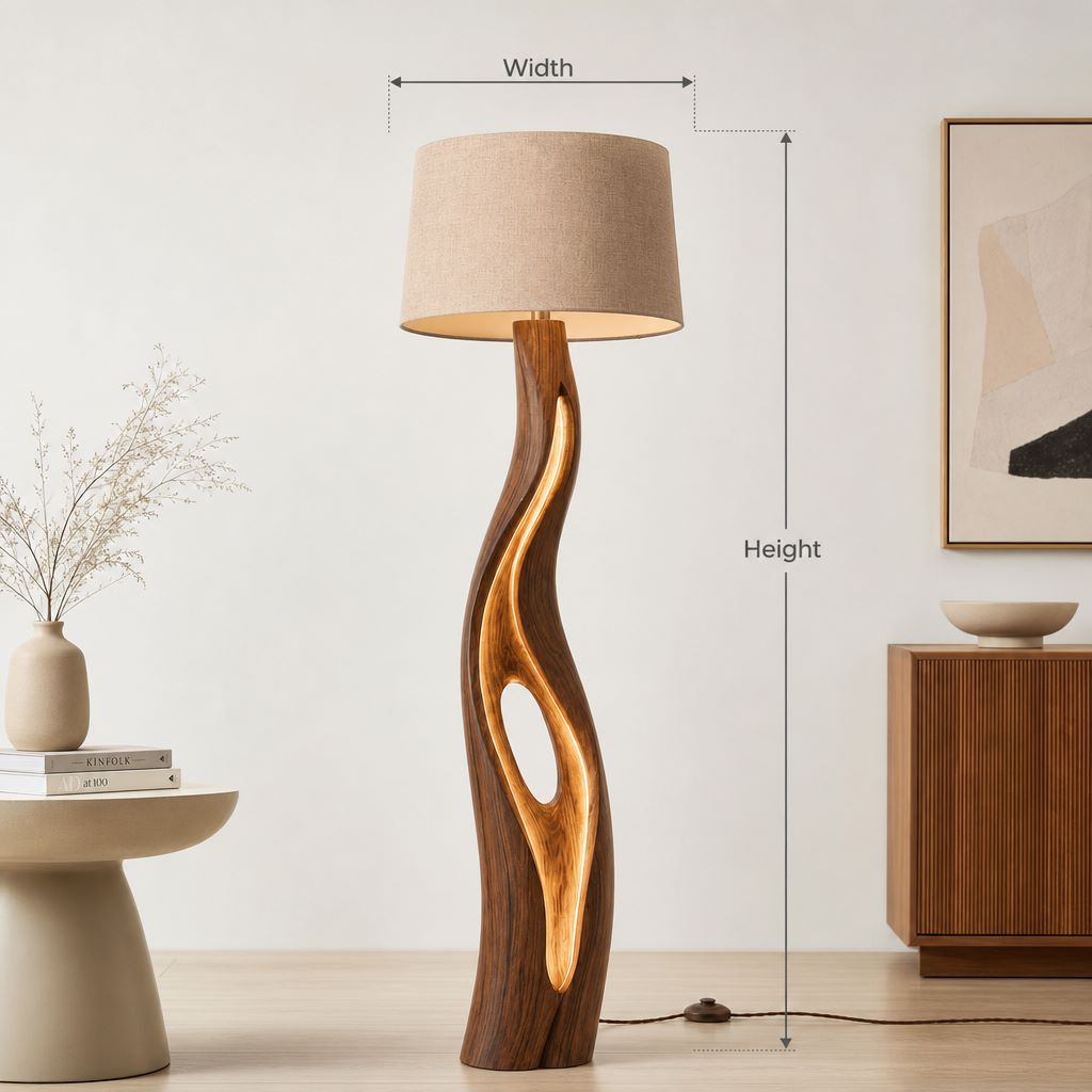 Tropfenförmige Holz-Stehlampe – Treibholz-S-Kurven-Standleuchte mit innerem LED-Leuchten