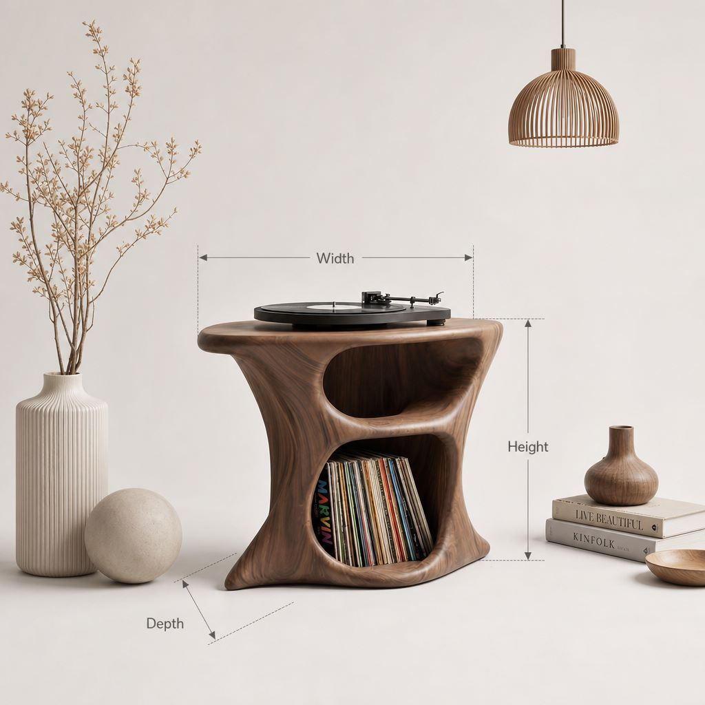 Organischer Plattenspielerständer aus Massivholz – Skulpturaler Vinyl-Stauraum
