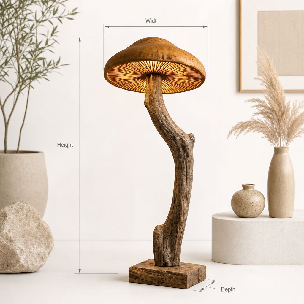 Geschwungene Treibholz-Pilz-Stehlampe mit leuchtendem Lamellenhut