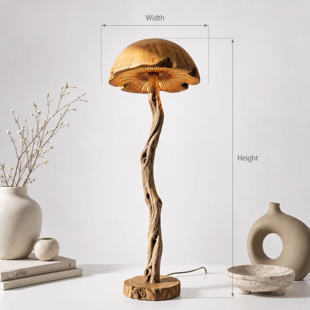 Gedrehte Treibholz-Pilz-Stehlampe mit leuchtender Lamellenkuppel