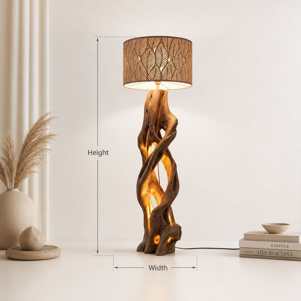 Stehlampe „Gedrehte Ranke“ aus Holz – Handgefertigte Treibholz-Standleuchte mit Blattschirm