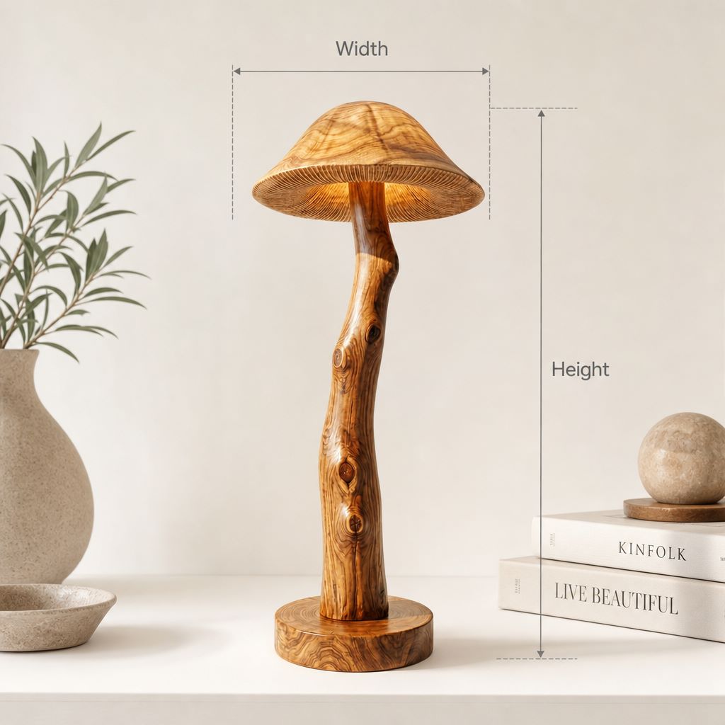 Transluzente Pilz-Stehlampe mit leuchtendem Hut und Lamellendetail