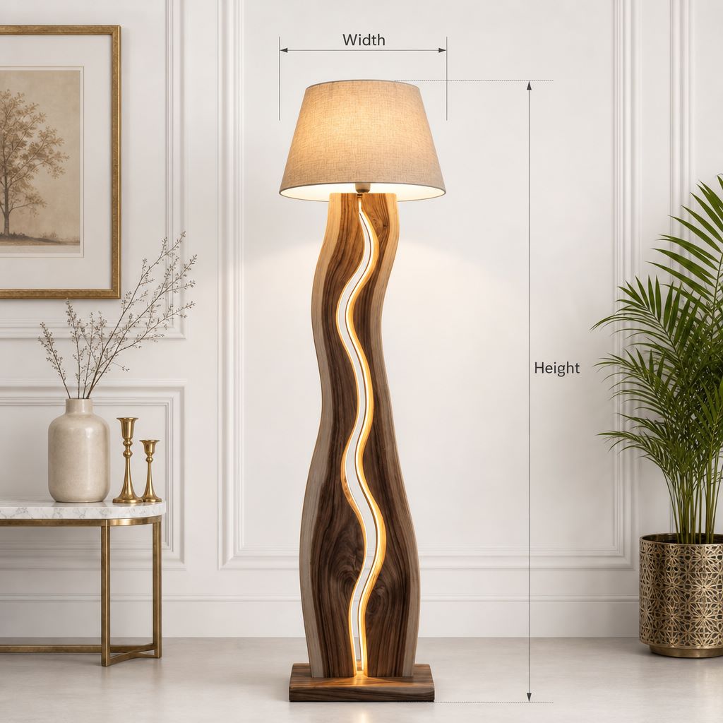 Wellenkanal-Stehlampe aus Holz – Treibholz-S-Kurven-Standleuchte mit LED-Streifen