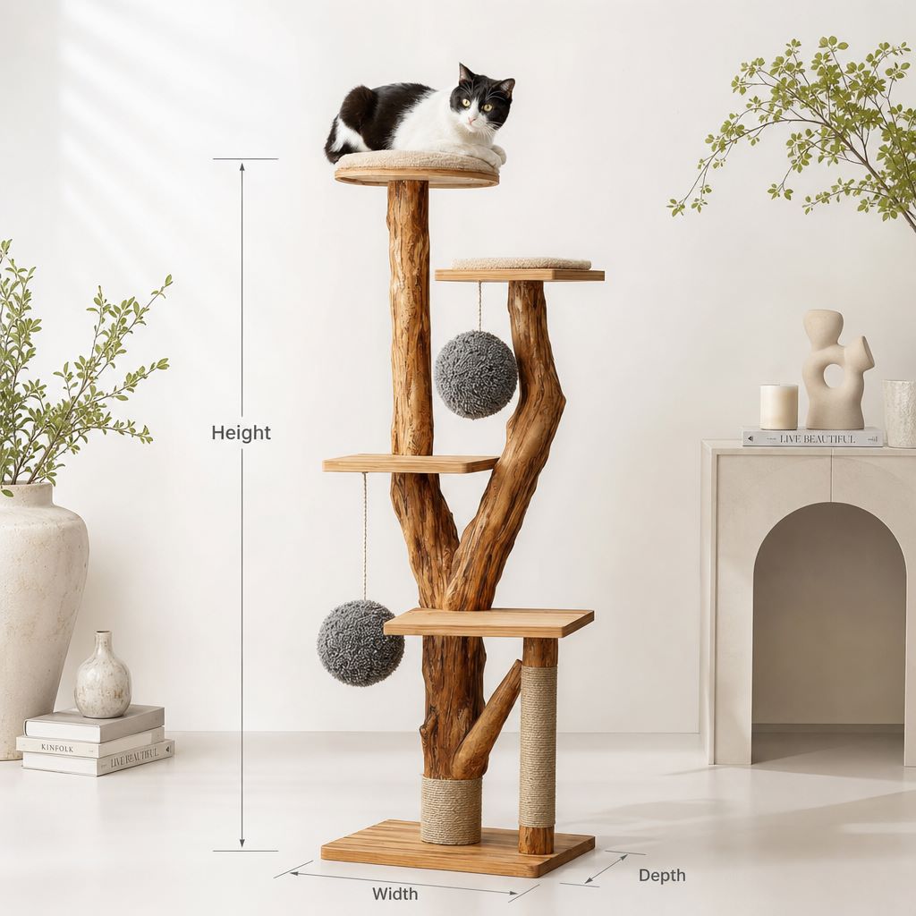 Rustikale Kratzbaum-Konstruktion mit natürlichen Ästen, baumelnden grauen Bällen und einer Smoking-Katze
