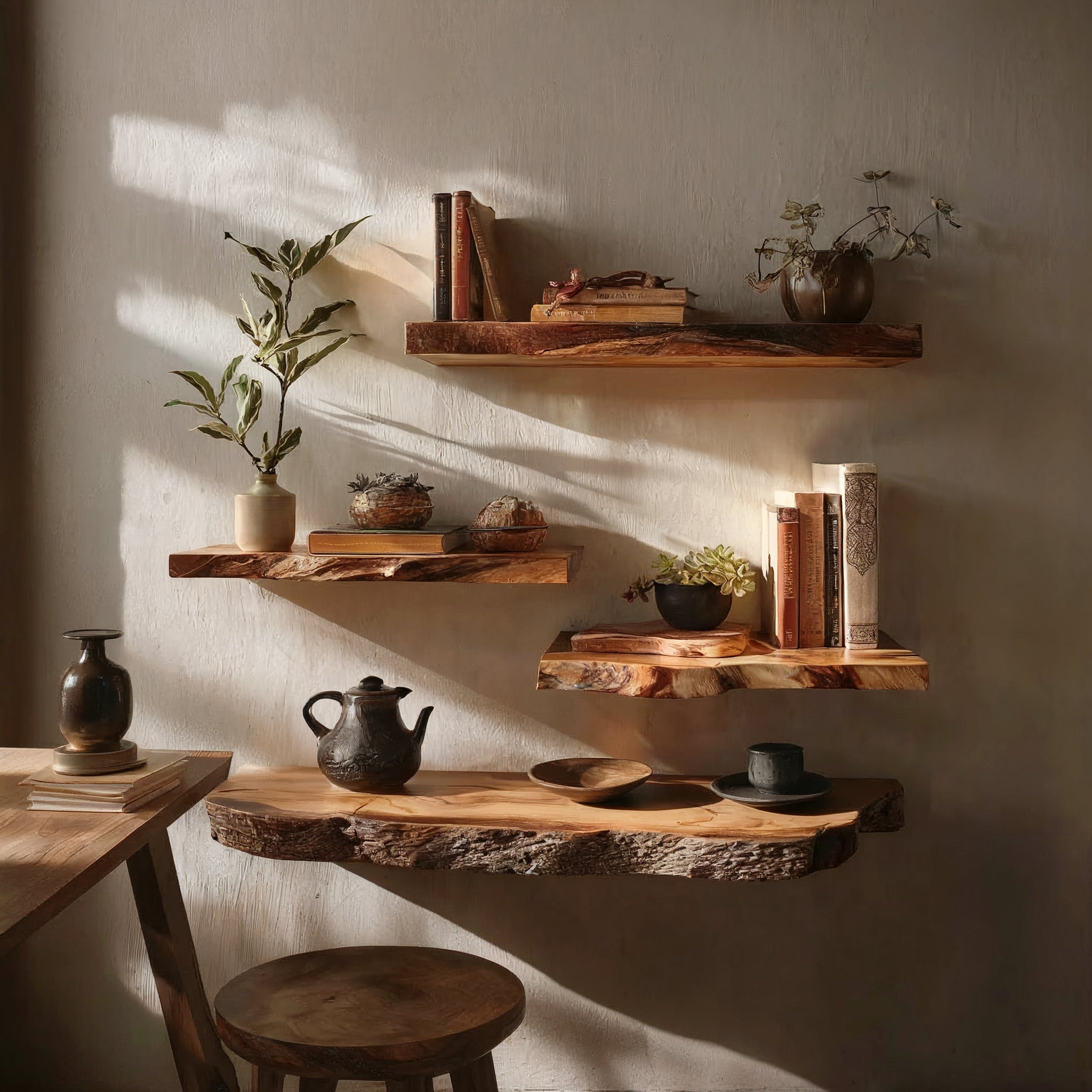 Rustikales Eck-Schweberegal aus Holz mit Baumkante – perfekt für Wohn- & Aquariendeko