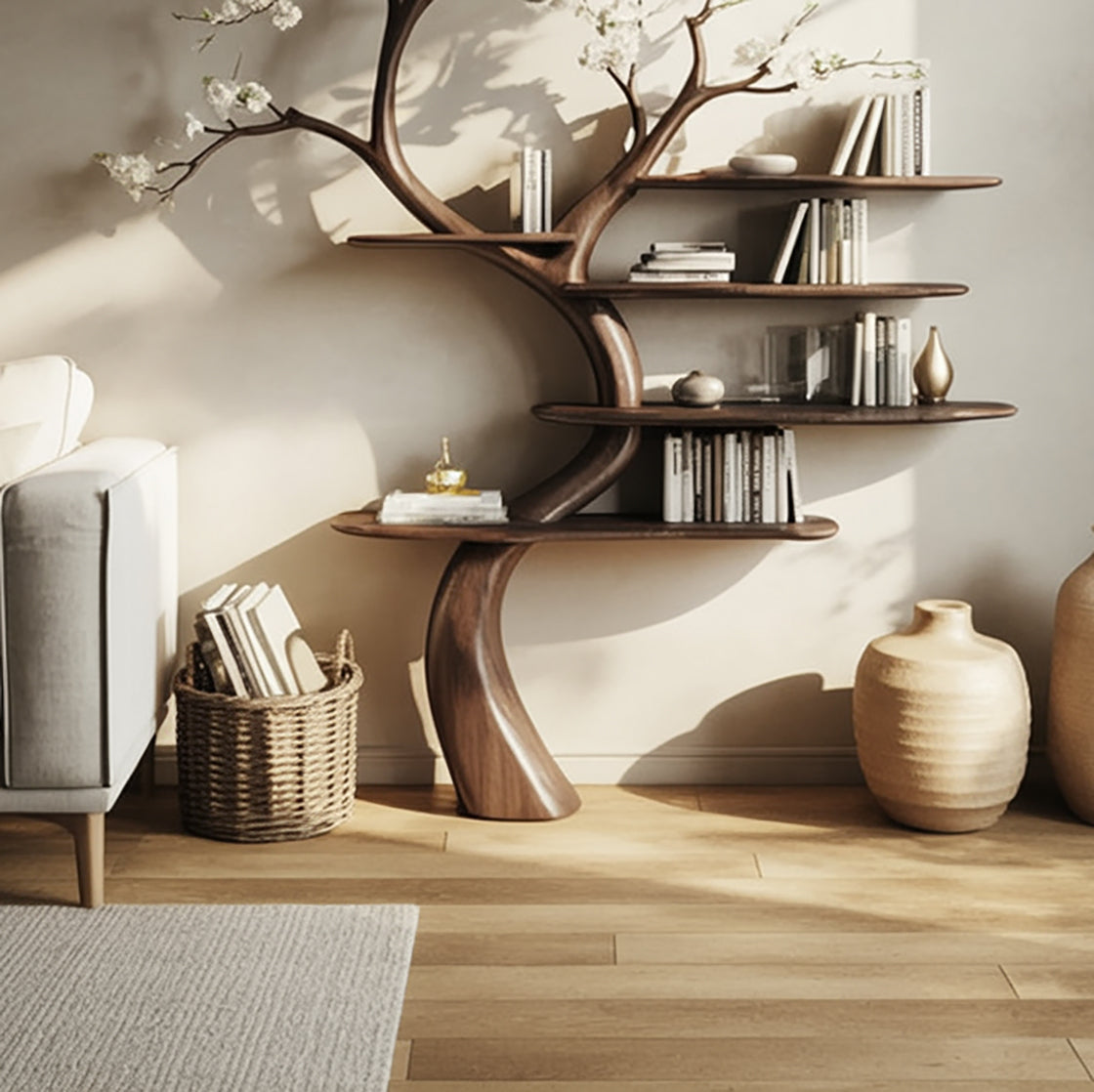 Florales Baumast-Bücherregal – Künstlerisches Massivholz-Display