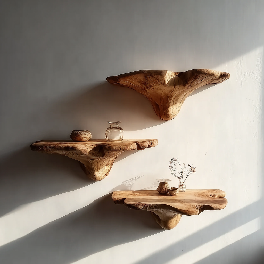 Schwebendes Wandregal aus Massivholz – organisches, skulpturales Holzdisplay