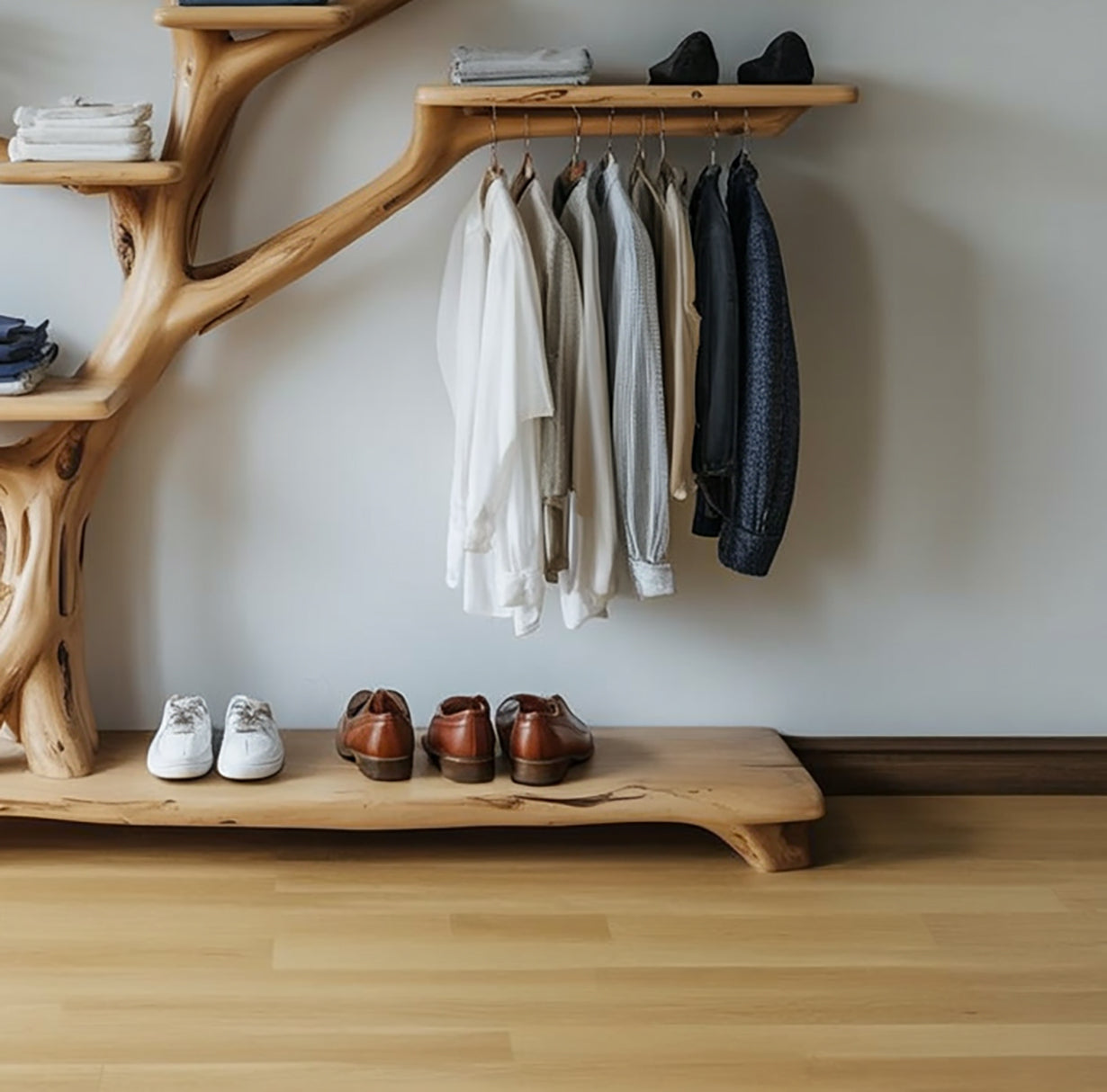 Handgefertigte Baum-Garderobe mit Schuhablage – Dekorativer Kleiderständer