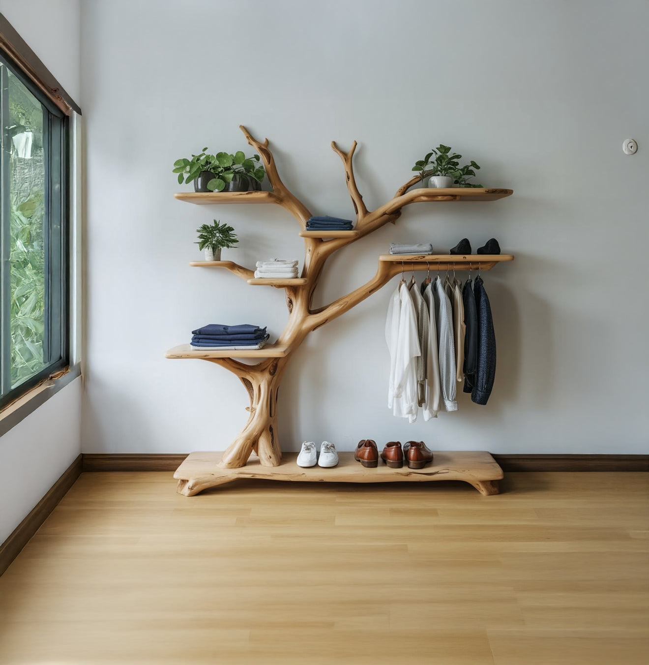 Handgefertigte Baum-Garderobe mit Schuhablage – Dekorativer Kleiderständer