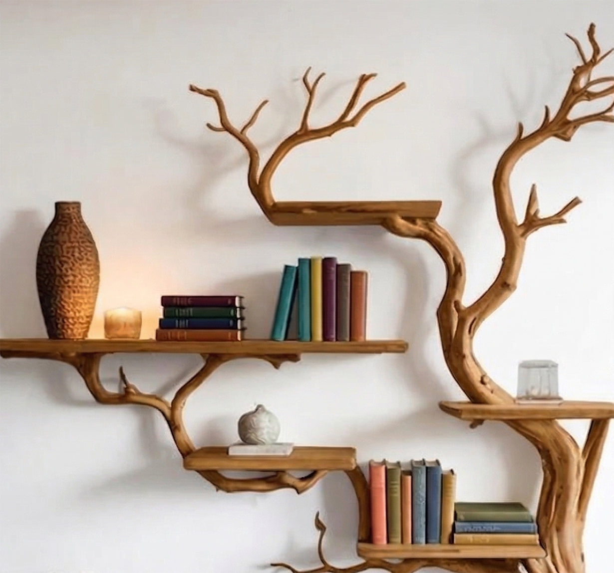 Baumast Bücherregal aus Holz – Mid-Century Design Wandregal