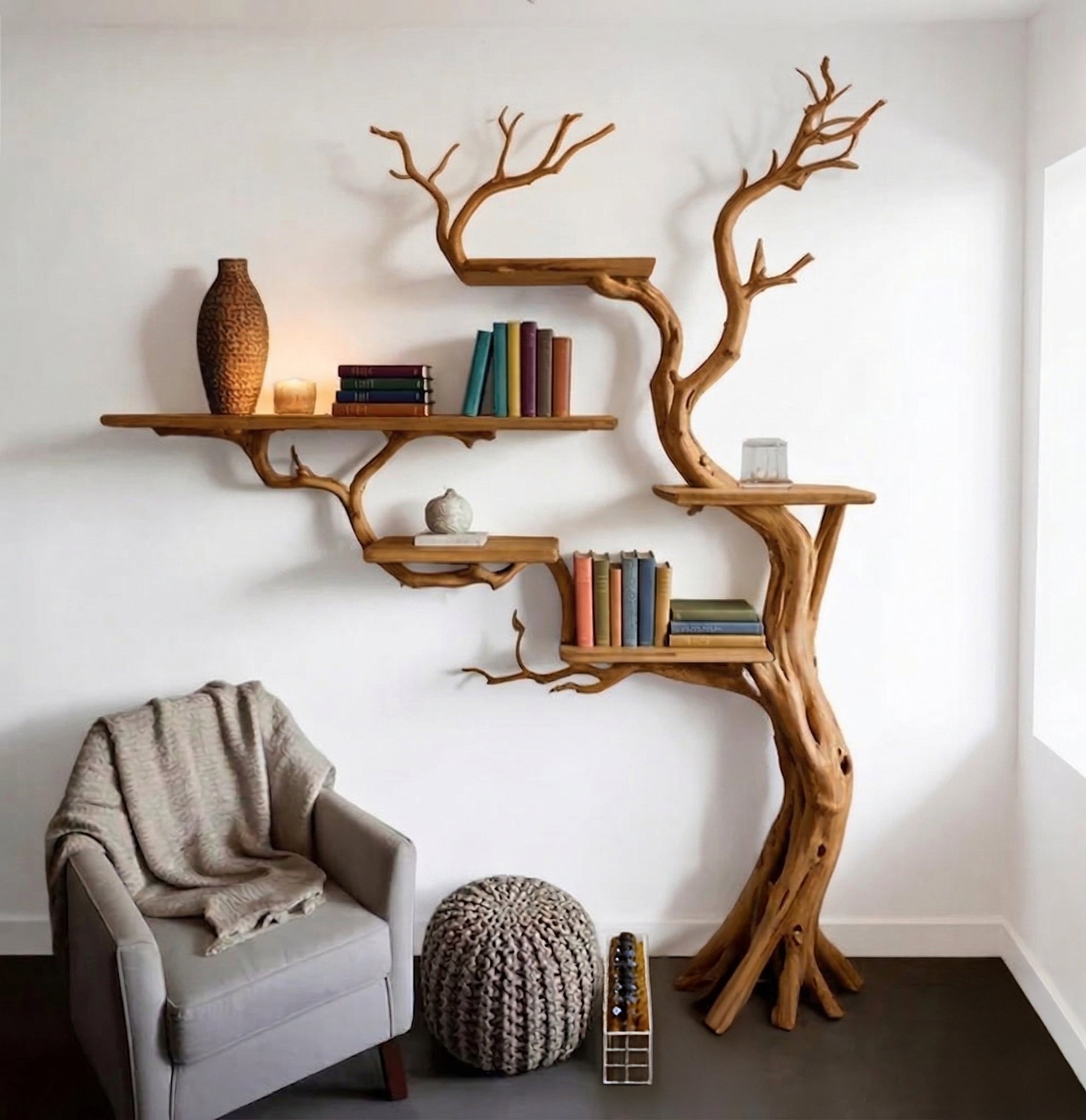 Baumast Bücherregal aus Holz – Mid-Century Design Wandregal