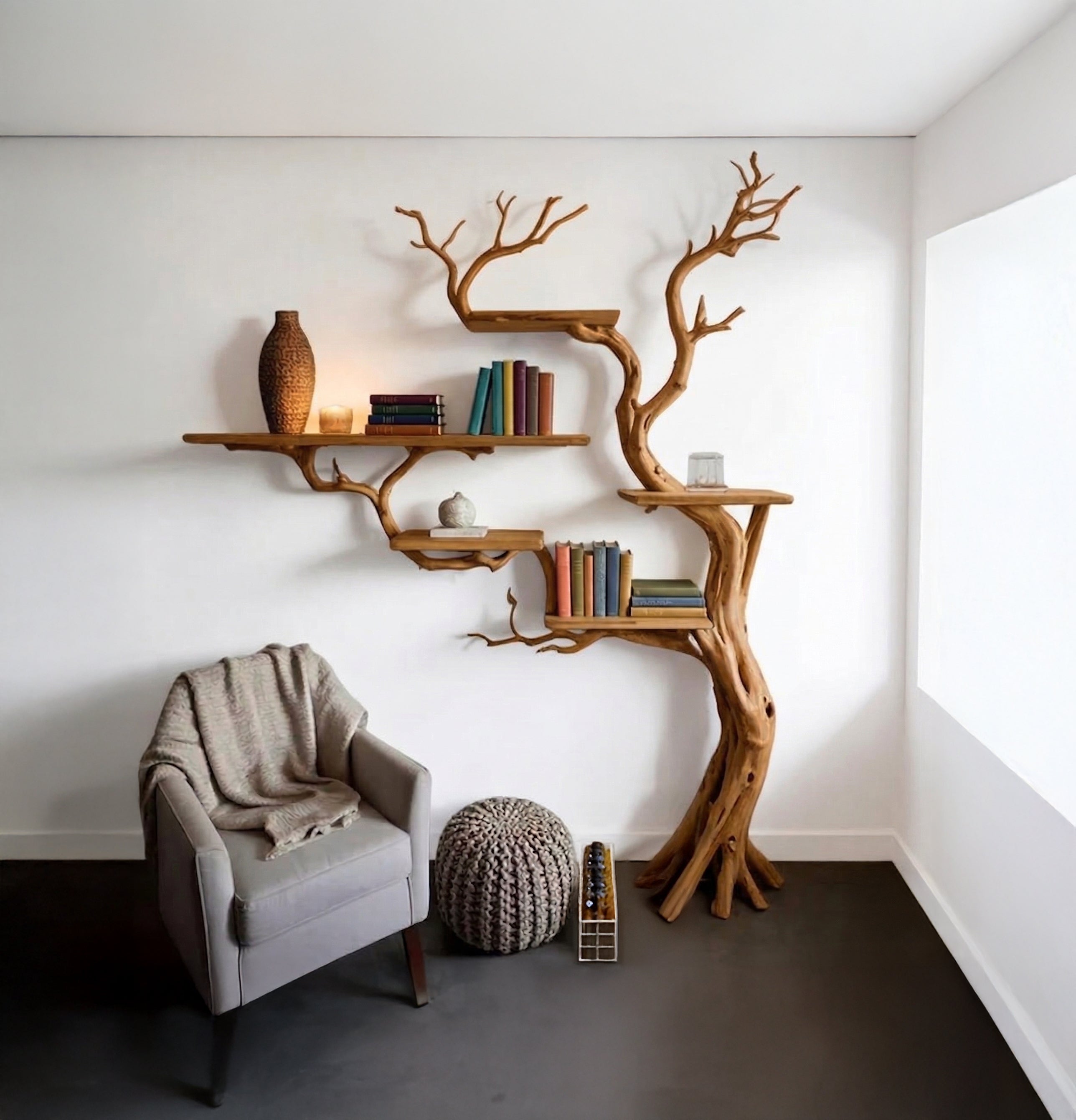 Baumast Bücherregal aus Holz – Mid-Century Design Wandregal
