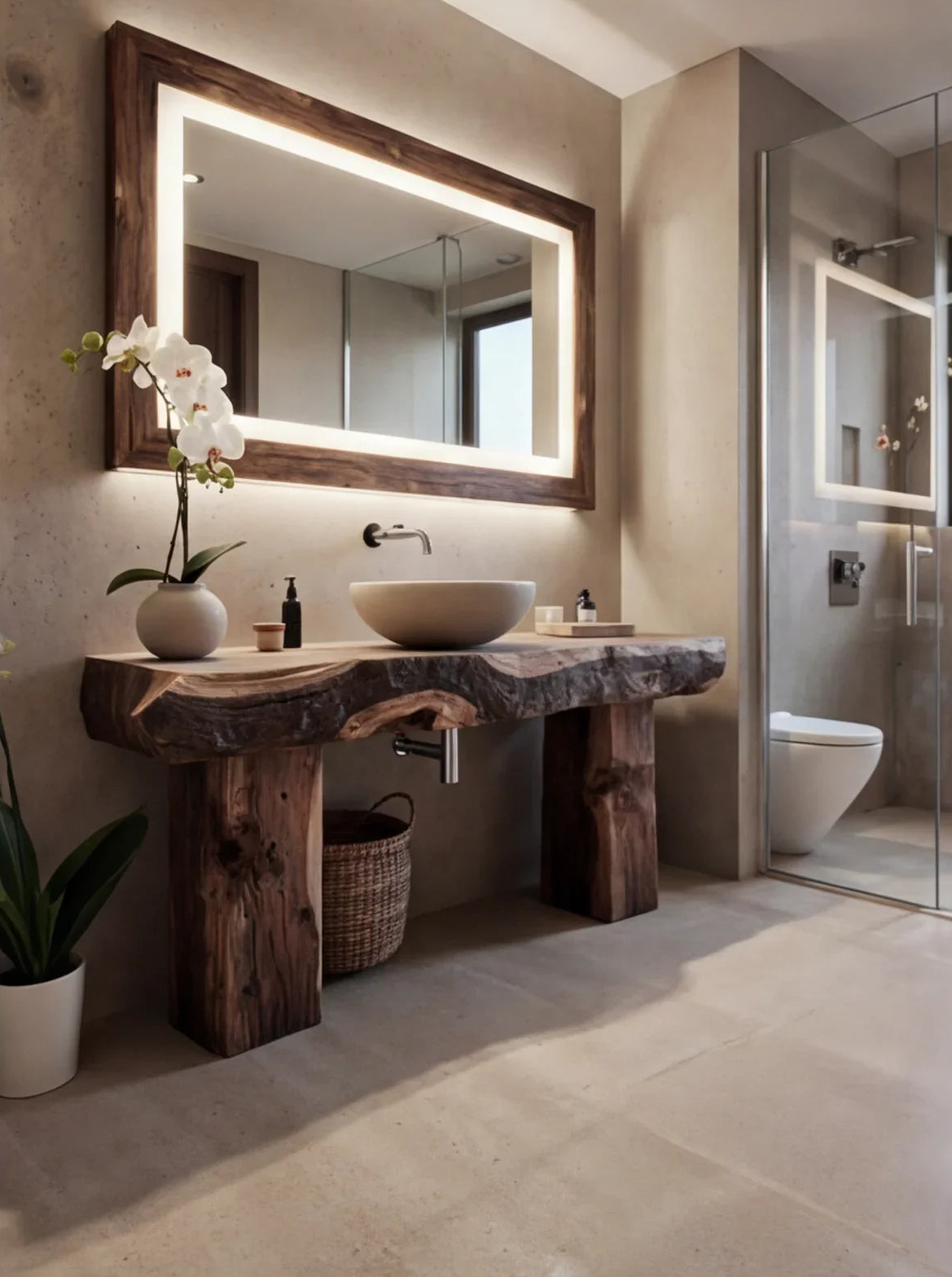 Modernes Badezimmer mit Baumkanten-Holzwaschtisch, Aufsatzbecken, großem beleuchtetem Spiegel und neutralem Dekor.