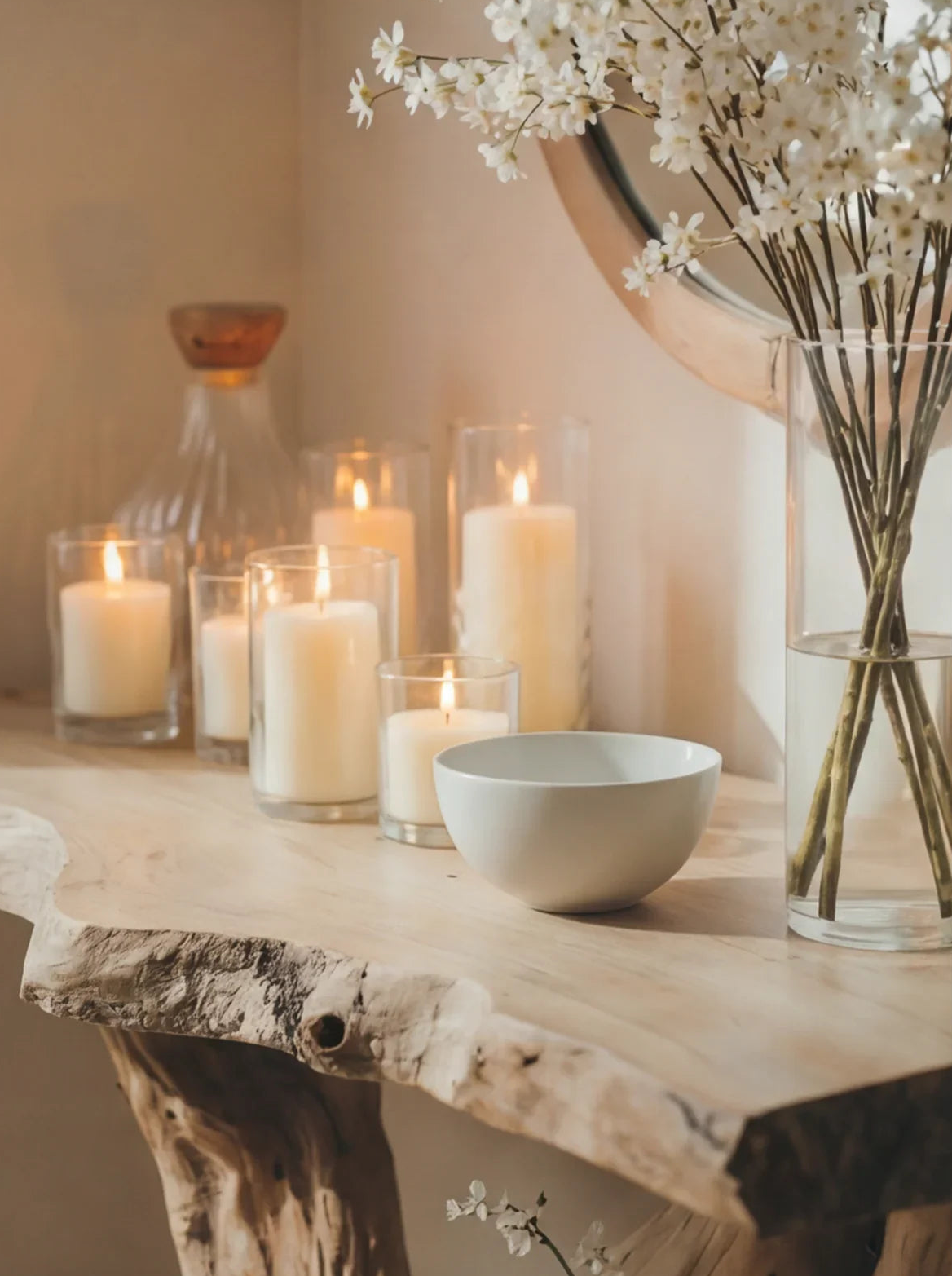 Baumkanten-Holztisch mit weißen Kerzen, Keramikschale und Glasvase mit Blumen