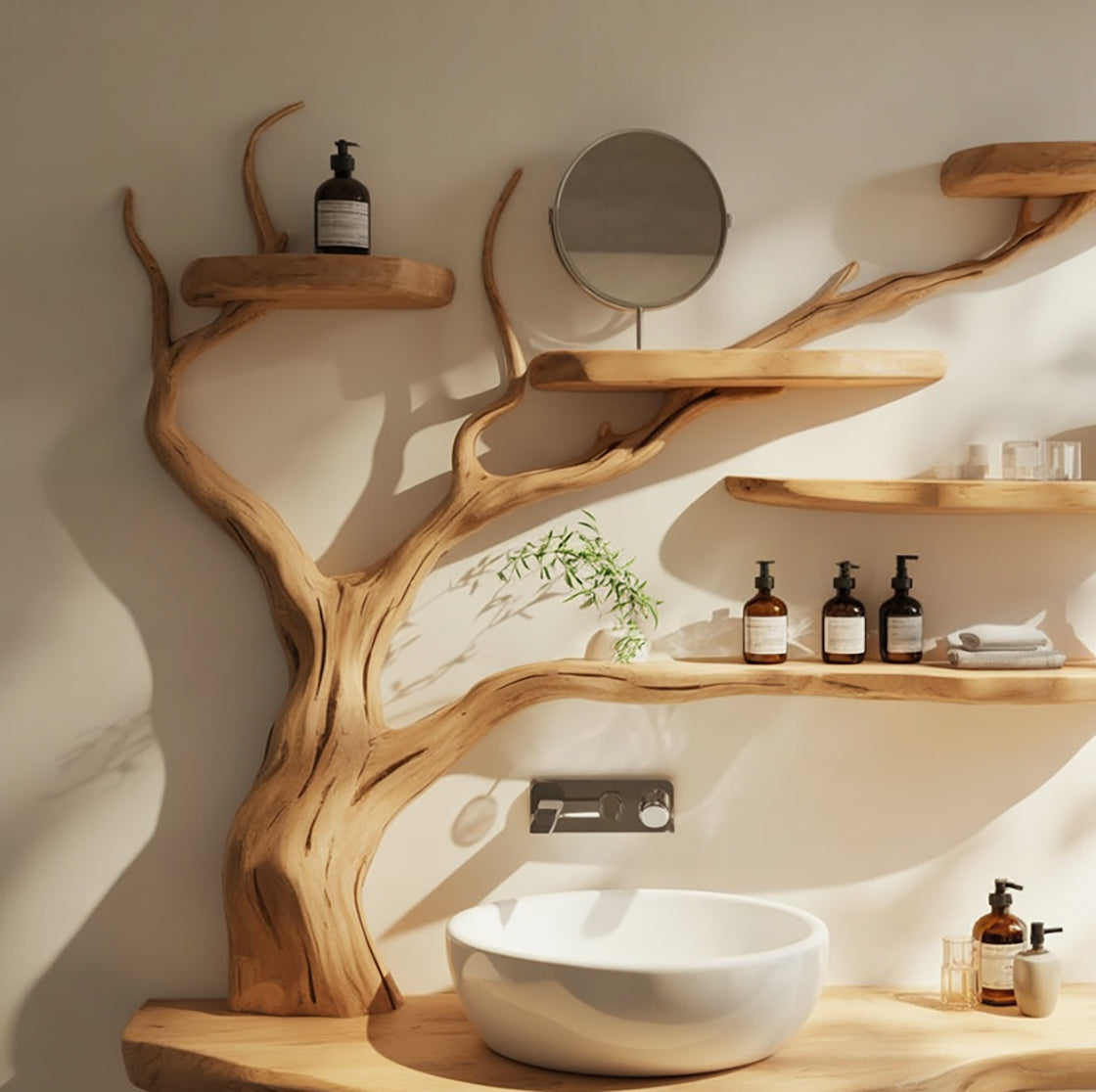 Badezimmer-Waschtisch aus Massivholz mit Baumast-Schweberegalen