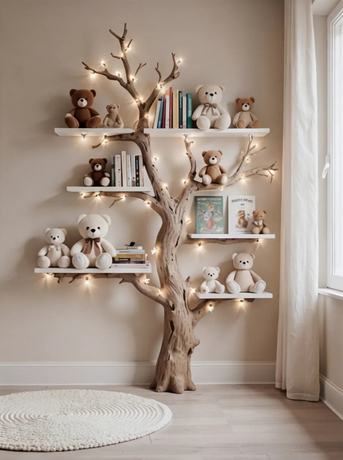Baumförmiges Bücherregal mit Lichtern, Teddybären und Büchern in einem gemütlichen Kinderzimmer