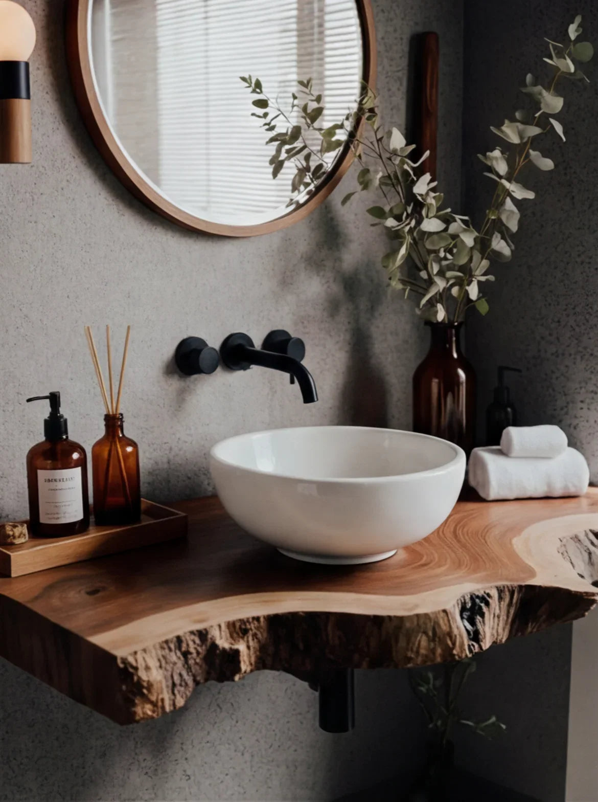Baumkanten-Waschtisch aus Holz mit rundem Aufsatzbecken, moderner Armatur und minimalistischem Badezimmerdekor