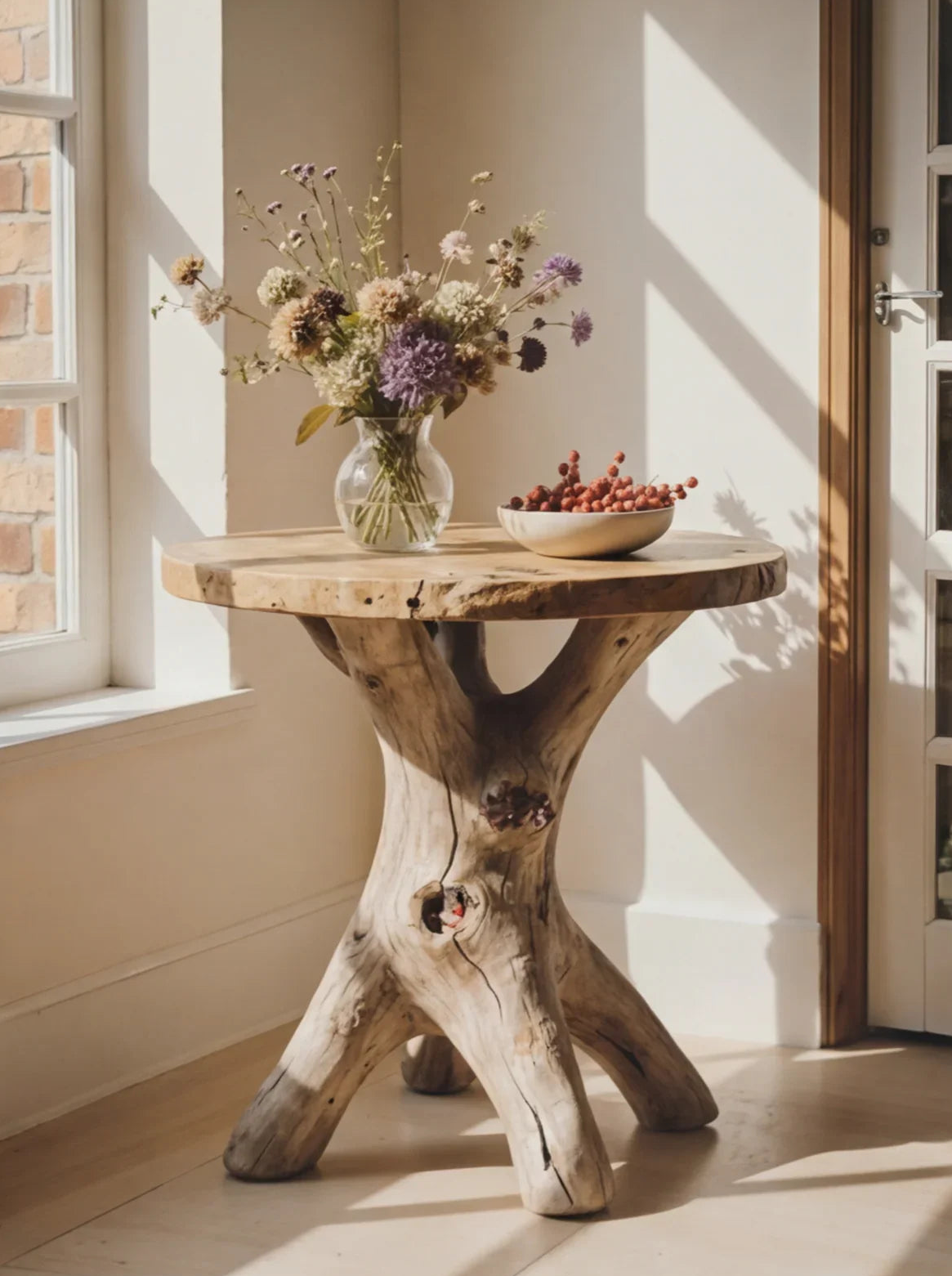 Runder Baumkanten-Tisch aus Massivholz mit einzigartigem natürlichem Fuß, Vase mit Trockenblumen und Schale mit Beeren an einem sonnigen Fenster.