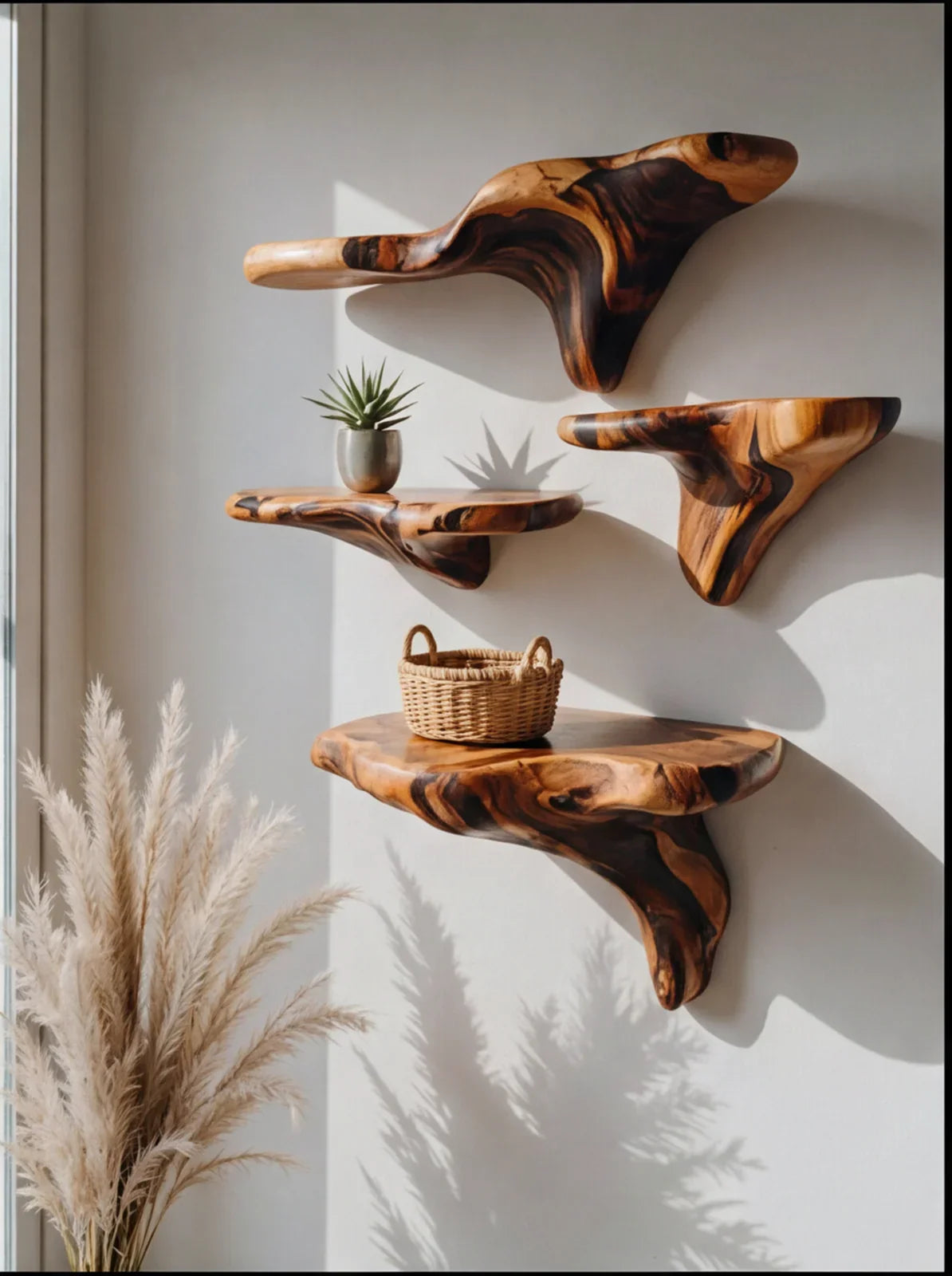 Schwebende Baumkanten-Holzregale an weißer Wand mit Pflanze und Korb, natürliches Dekor