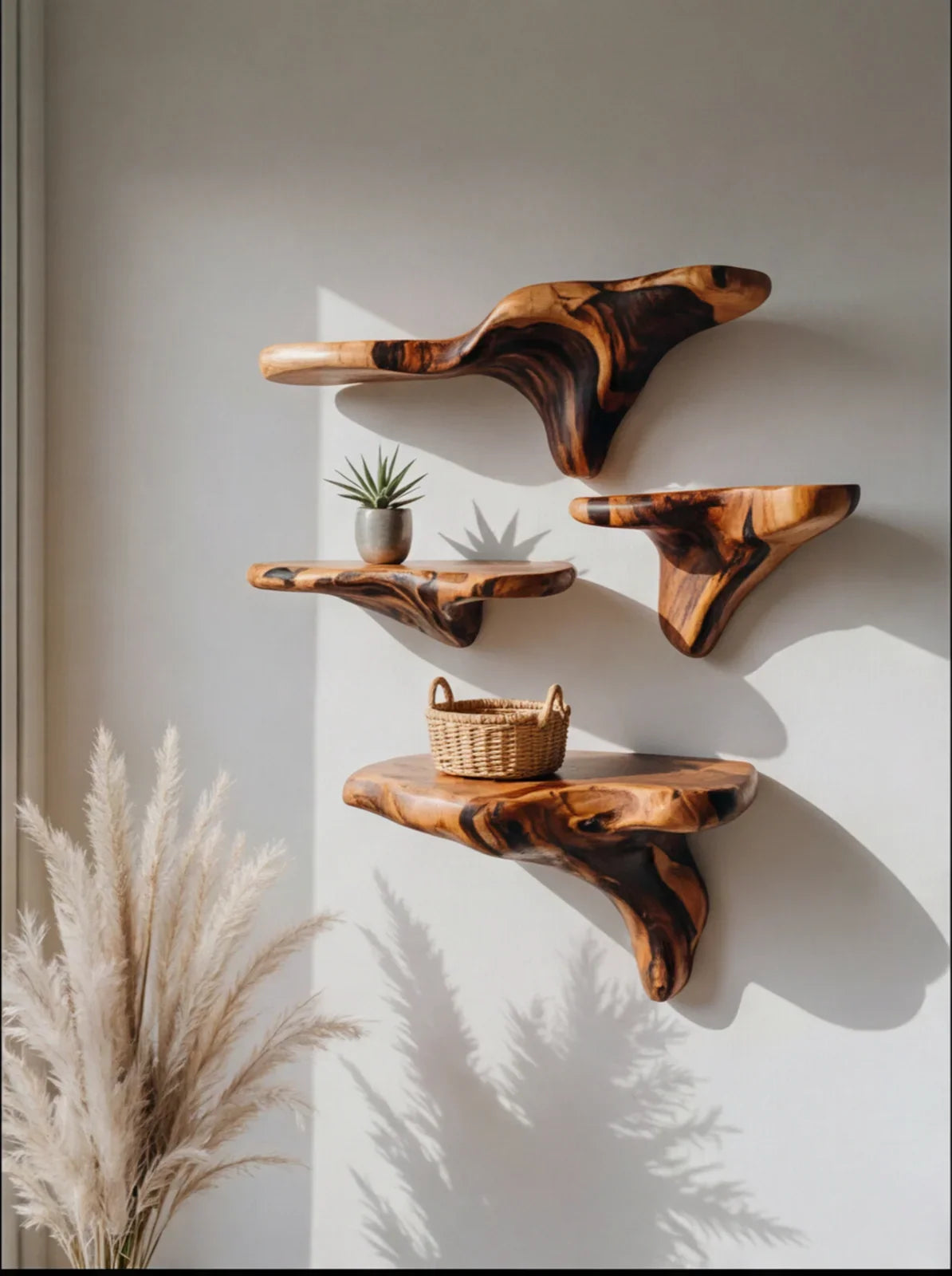 Schwebende Baumkanten-Regale aus Massivholz an weißer Wand mit Pflanze und Korbdekor