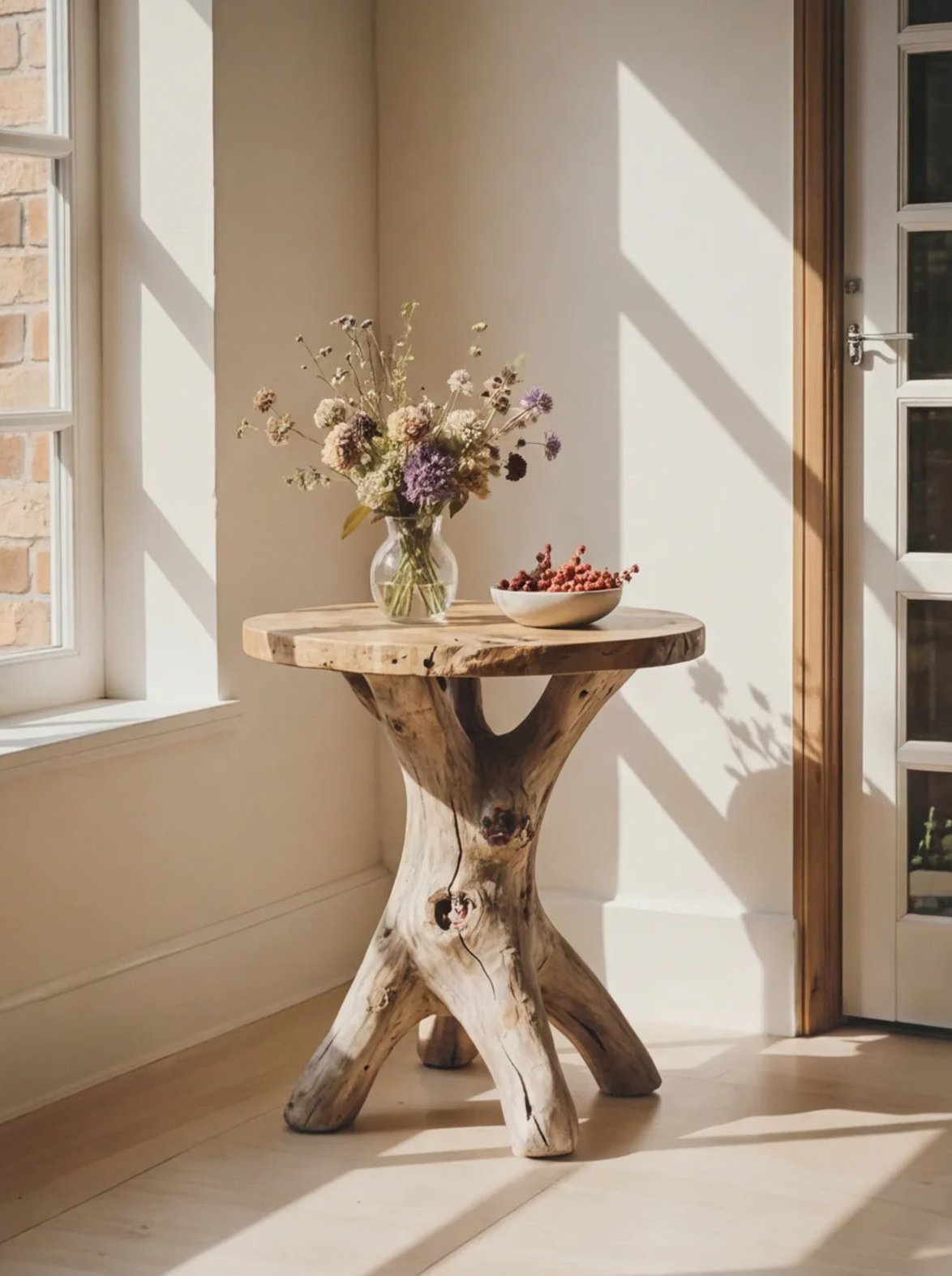 Runder Baumkanten-Beistelltisch aus Holz mit rustikalem Fuß, Vase mit Trockenblumen und Schale in einer sonnigen Ecke