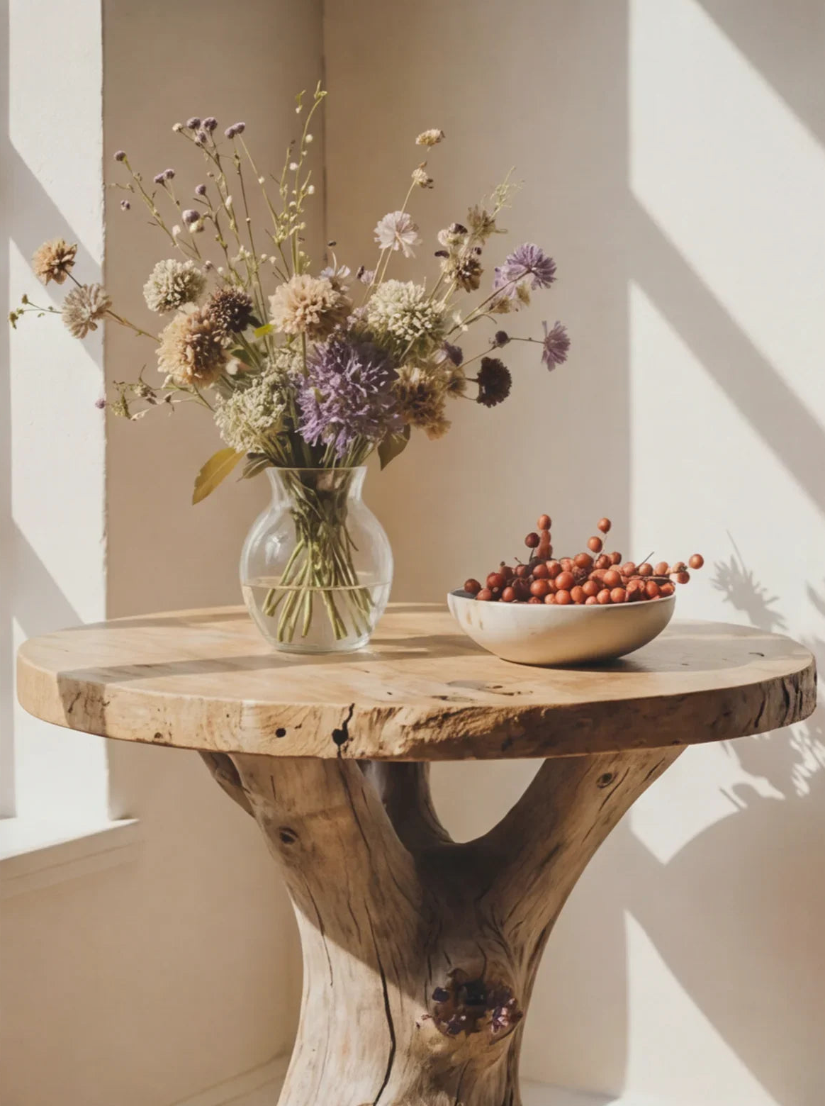 Baumkanten-Holztisch mit Glasvase mit Trockenblumen und Keramikschale mit Beeren im Sonnenlicht