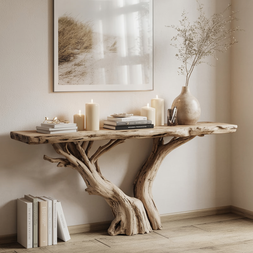 Schmaler Konsolentisch mit Baumkante – Handgefertigter rustikaler Landhaus-Holztisch
