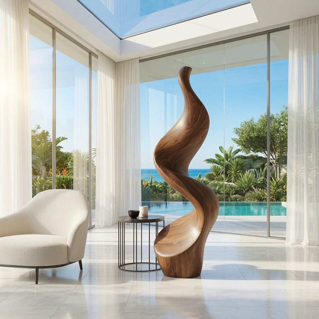 Handwerkliche Skulptur aus Massivholz, die einem Designer-Zuhause natürliche Eleganz verleiht