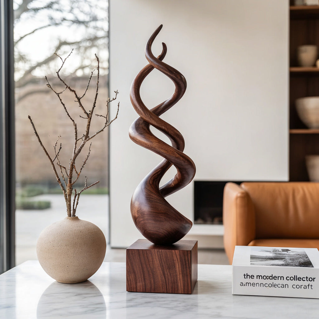 Abstrakte gedrehte Bodenskulptur aus Massivholz in einem modernen Wohnzimmer