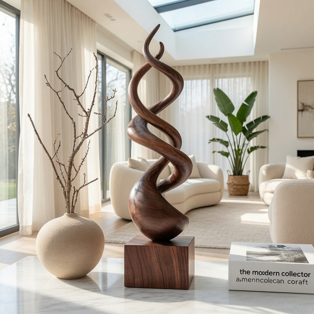 Organische Bodenskulptur aus Massivholz, die in einem luxuriösen Zuhause einen Blickpunkt schafft