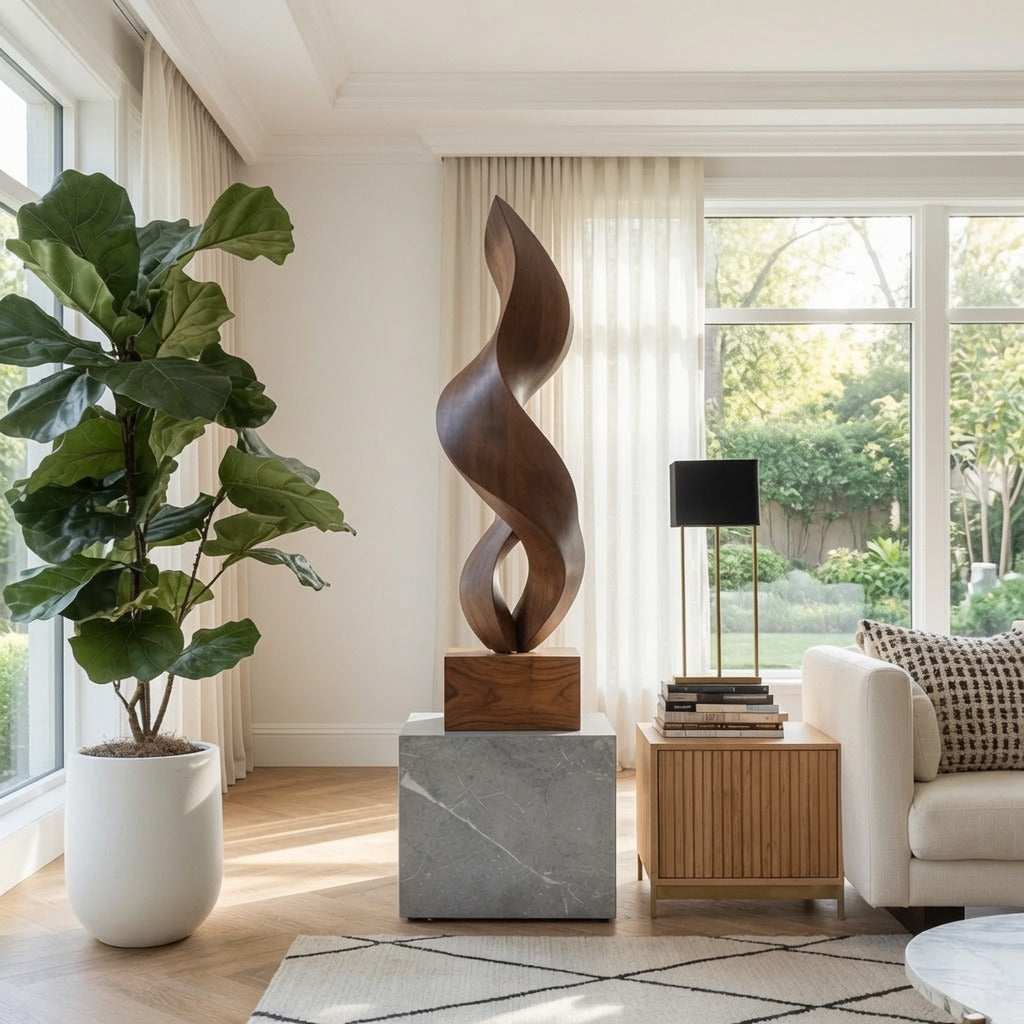 Organische Skulptur aus Massivholz mit Marmorsockel, die in einem minimalistischen Zuhause ein Statement setzt