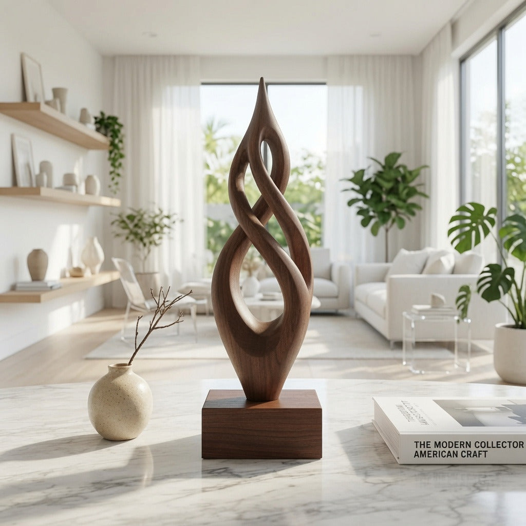 Zeitgenössische Skulptur aus Massivholz, die ein minimalistisches Interieur aufwertet