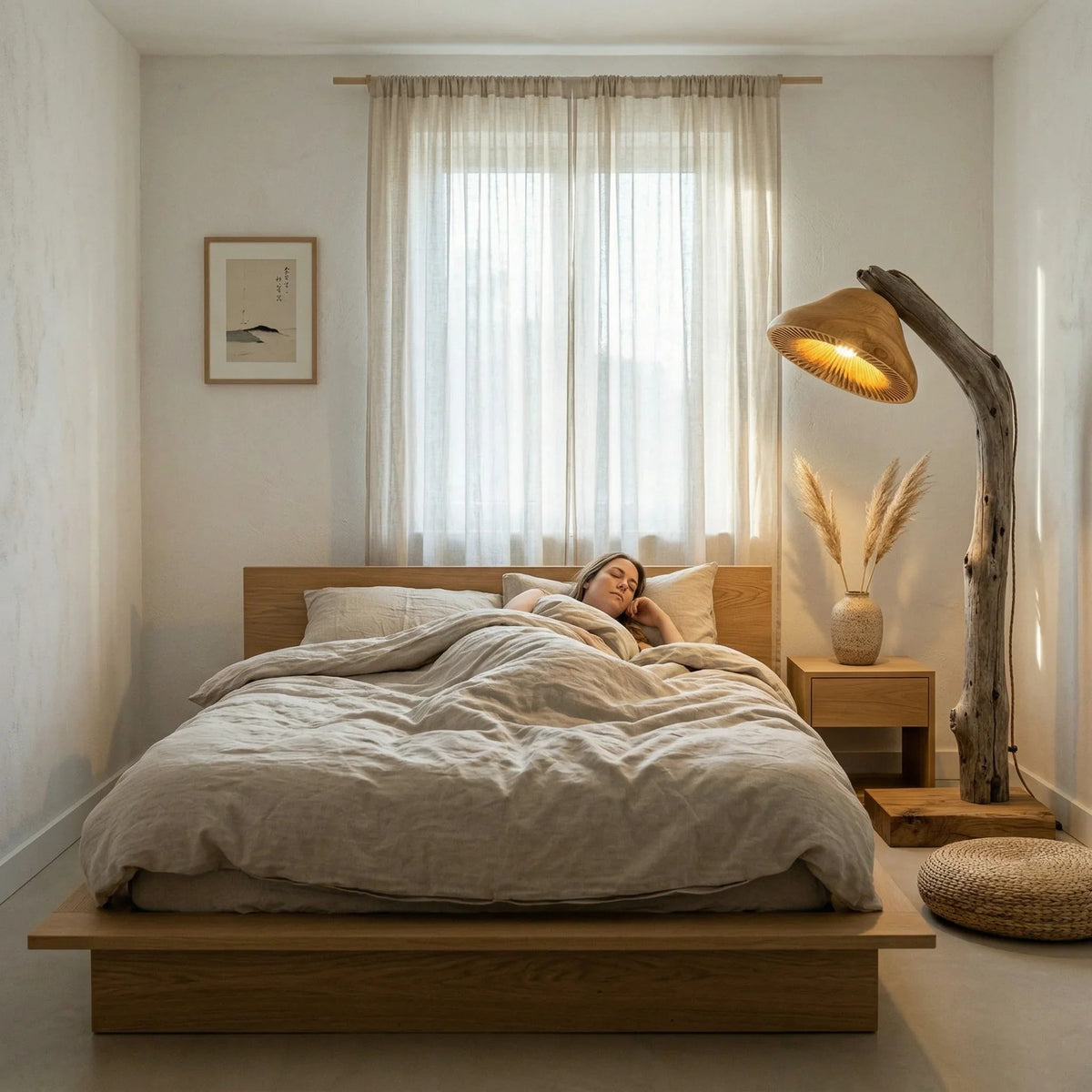Modernes Schlafzimmer mit einer schlafenden Frau, einer Treibholz-Stehlampe und Massivholzmöbeln.