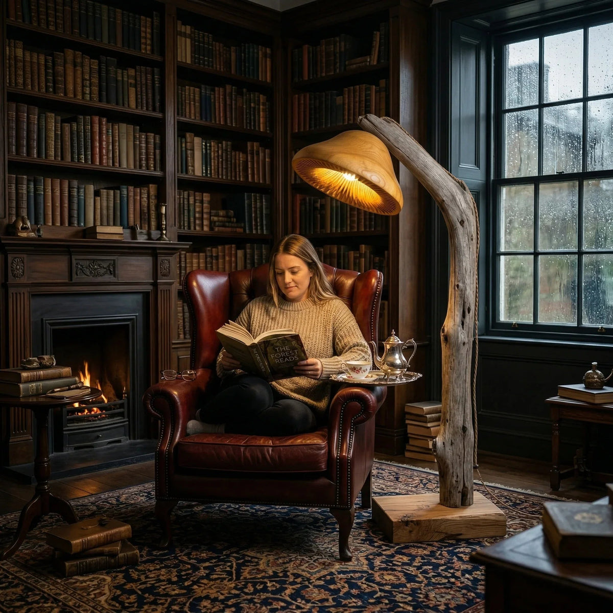 Treibholz-Pilz-Leseleuchte als Stehlampe mit massivem Eichenfuß in einer gemütlichen Bibliothek