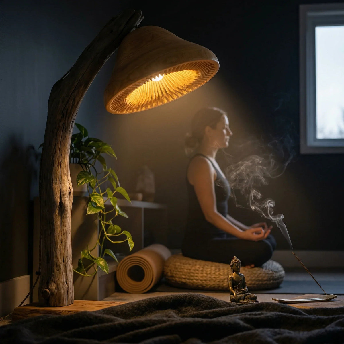 Treibholz-Leselampe als Stehlampe mit pilzinspiriertem Schirm und massivem Eichenfuß in einem gemütlichen Zen-Raum