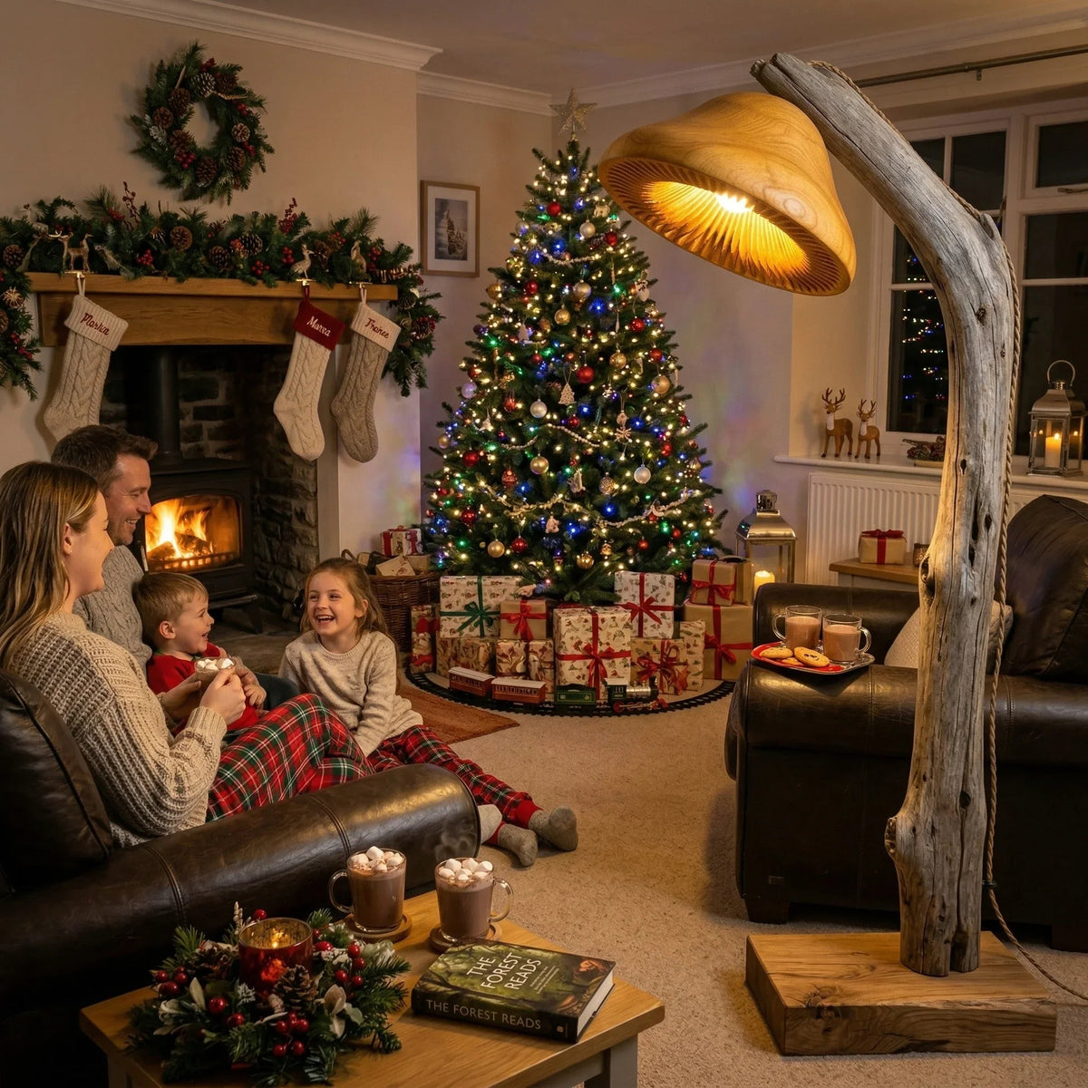 Treibholz-Pilz-Leseleuchte als Stehlampe mit massivem Eichenblock-Fuß, leuchtend neben einem gemütlichen Familien-Weihnachtswohnzimmer mit Baum und Kamin.