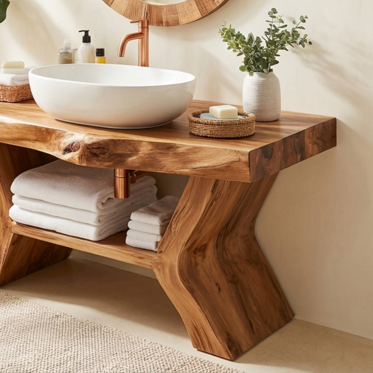 Rustikaler Baumkanten-Waschtisch aus Holz mit handwerklicher Verarbeitung