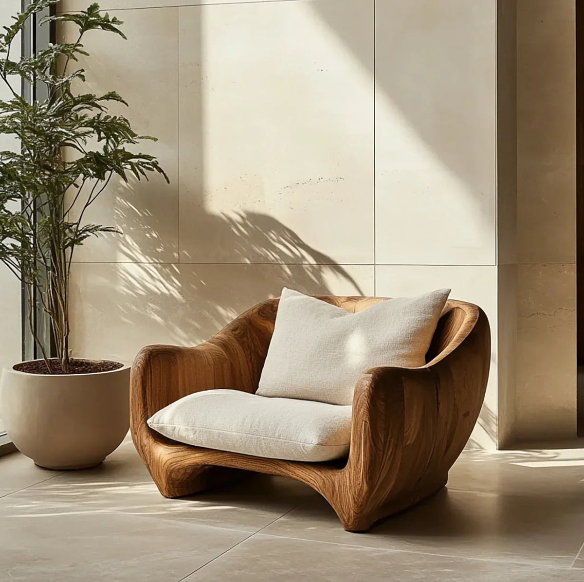 Handwerklicher skulpturaler Loungesessel – Handgefertigter Akzentsessel aus Massivholz
